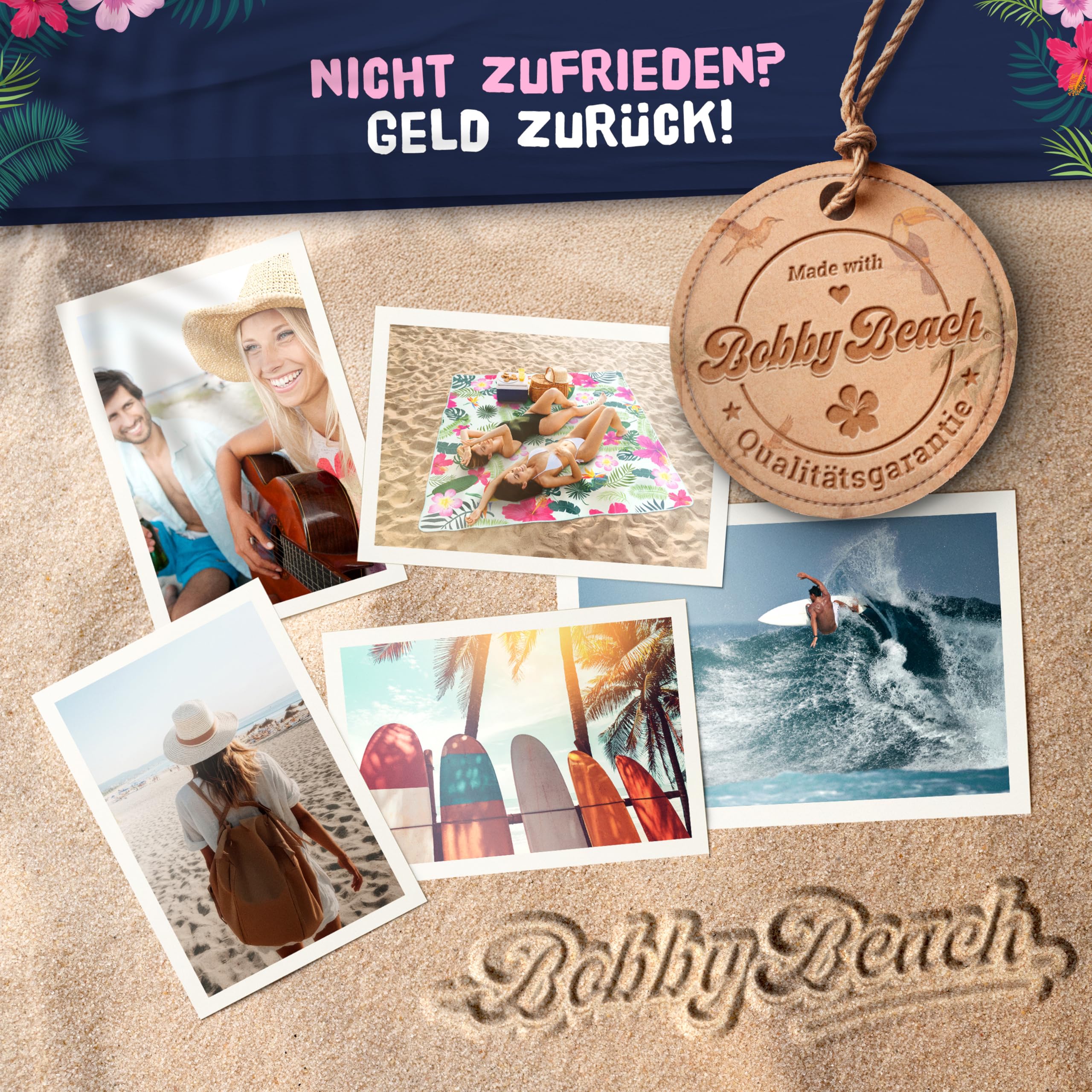 Bobby Beach Picknickdecke wasserabweisend | Stranddecke sandfrei Strandmatte gepolstert | Strandtuch XXL Camping Zubehör Picknickdecke 200x200 (Tropical, 200 x 200 cm, gerollt)
