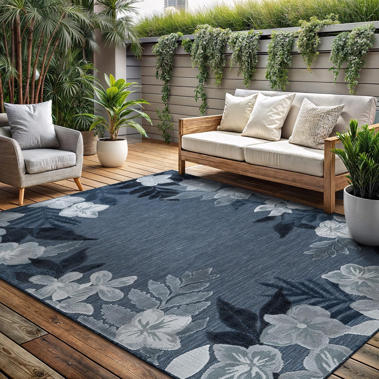 Outdoor Rug 6x9 Washable Area Rugs Indoor Outdoor Carpets Navy Border Floral Non Shedding Waterproof Easy Clean Patio Deck Porch Living Room Bedroom Garden RV (6 X 9 Navy)