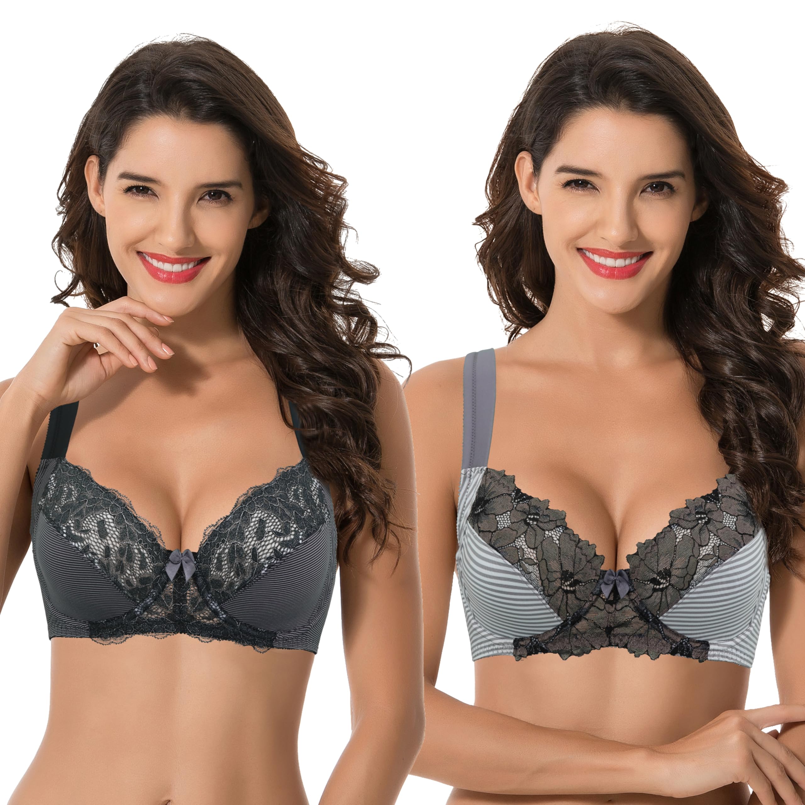 Curve Muse Übergröße Ungefüttert Bügel Spitzen-BH mit gepolsterten Schultergurten-2er Pack-Dk Grauer Druck,Grauer Druck-75D