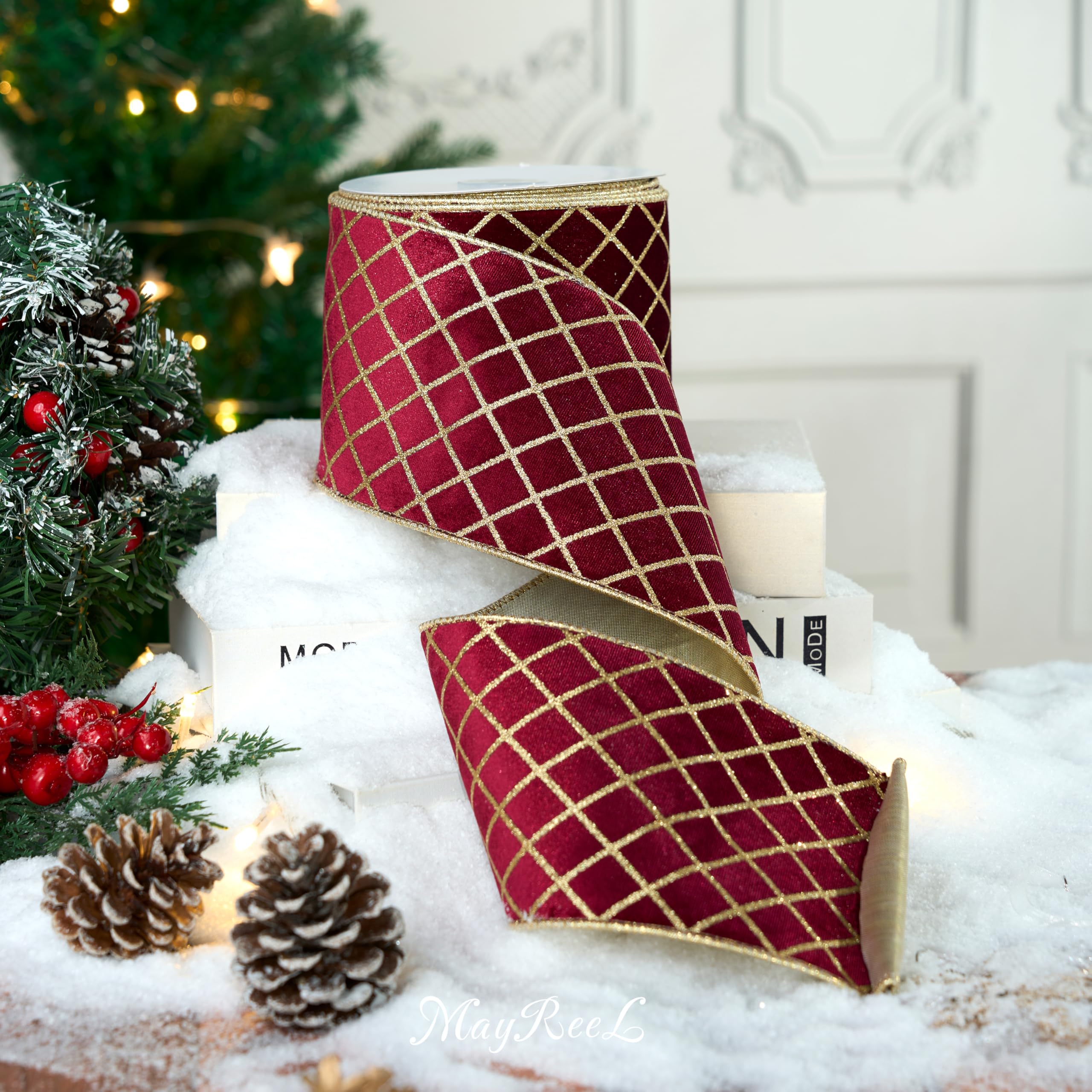 MAYREEL Burgunderrotes und goldenes Weihnachtsbaumband, 10,2 cm, metallischer Diamant-Glitzer, Samt, Drahtkante, Gitterband für Geschenkverpackungen, Blumenhandwerk, Schleifen, Kränze, Girlande,