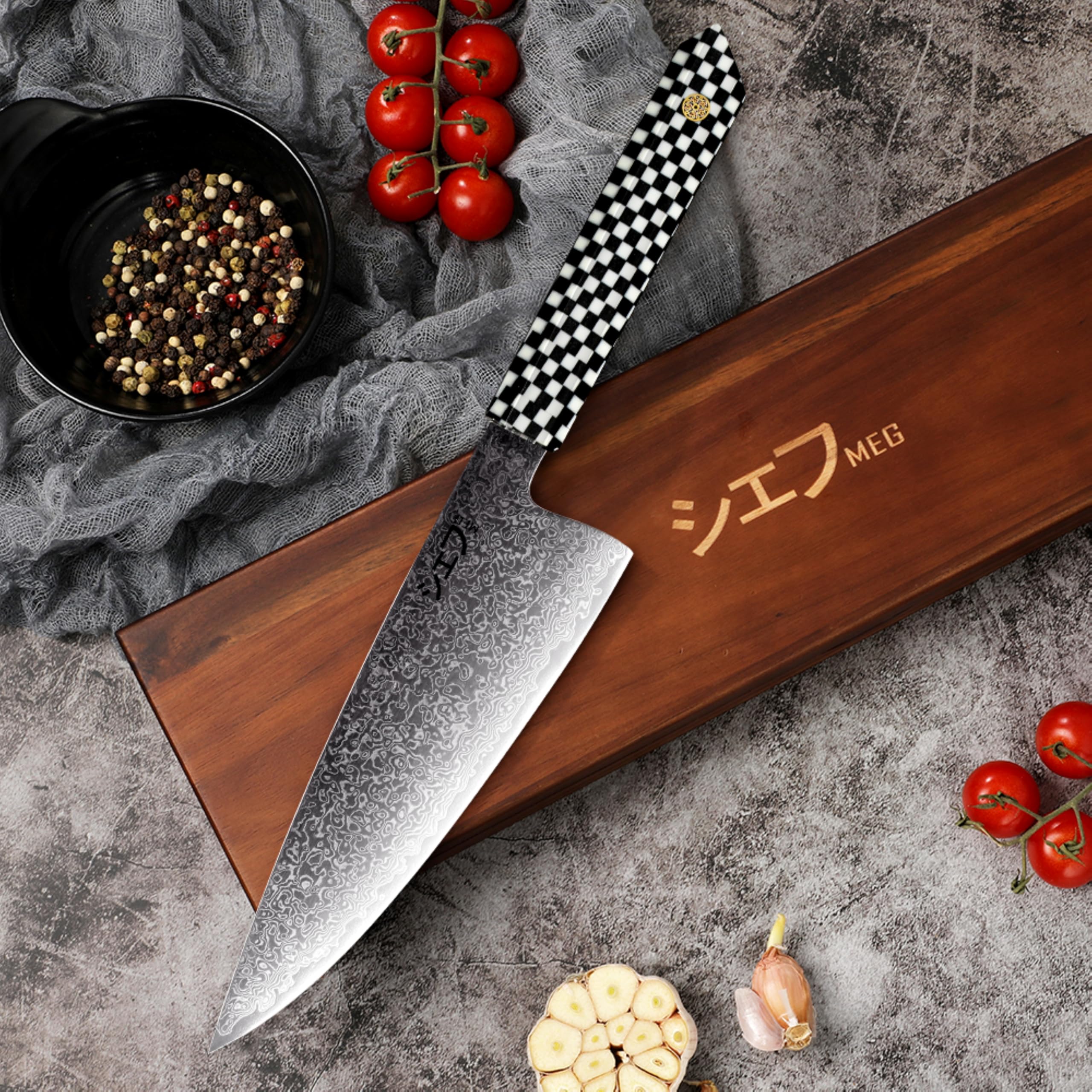 MEG Cuchillo Chef Gyuto Japonés 20,5 cm, Damasco 67 Capas con Patrón Gotas de Lluvia, Núcleo 10Cr15CoMoV, hasta 62 HRC, Mango Octogonal de Resina, Caja de Acacia
