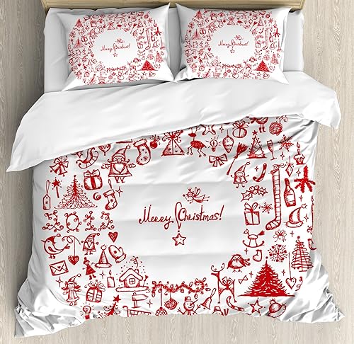 Ambesonne Juego de funda de edredón de Navidad, diseño vintage de corona de Navidad, varios Noel Yule y cintas, velas y campanas, juego de ropa de