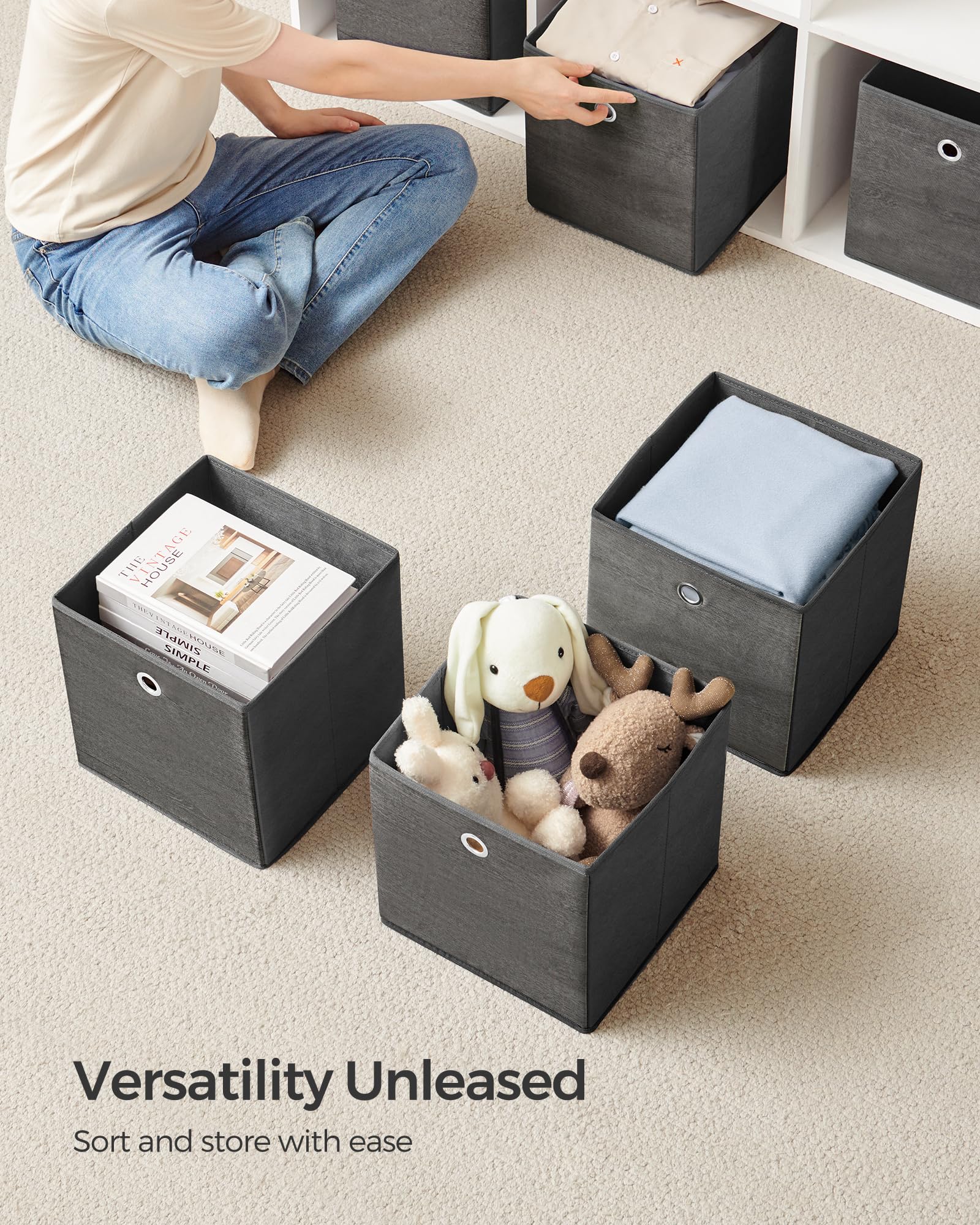 SONGMICS Storage Cubes, Set of 6 Storage Bins with Handles, Foldable Oxford Fabric and Non-Woven Fabric Storage Boxes, 10.2 x 10.2 x 11 Inches, Fit Cube Storage Unit, Misty Gray URFB126G01