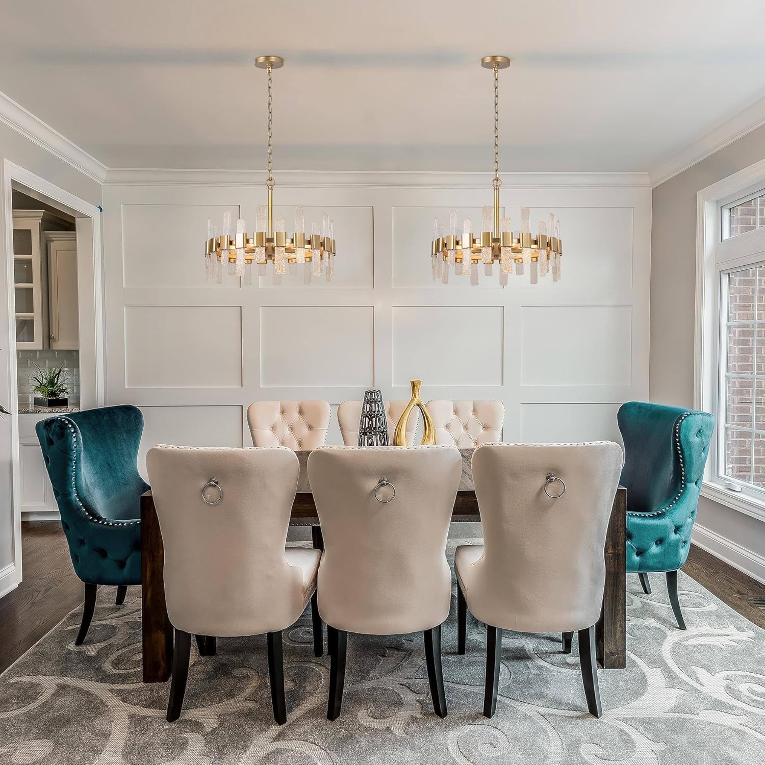 KSANA Gold Chandelier, Modern 6-Light Drum Chandelier Light Fixtures with 22 Luxurious Textured Glass Strips for Dining Room, Kitchen, Foyer, Bedroom and Living Room