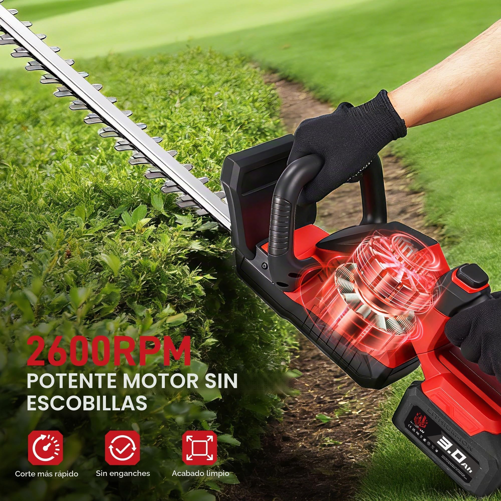ONEVAN Cortasetos con batería con cabezal giratorio de 180°, hoja SK5 de 52 cm, corte de ramas de 16 mm, cortasetos eléctrico grande, con baterías de 2 x 3,0 Ah, gafas de protección y guantes