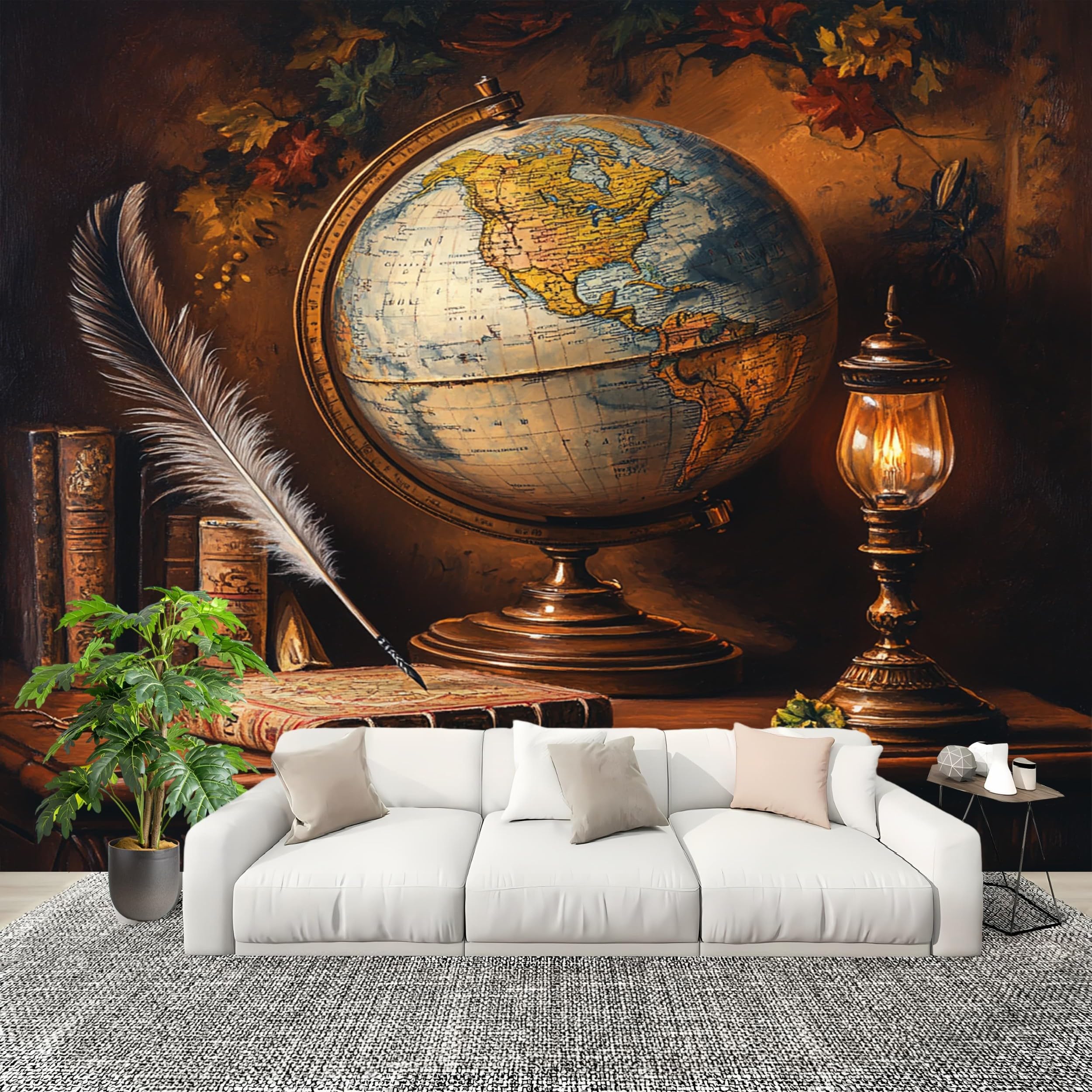 Grand poster mural papier peint panoramique bureau globe intissé marron