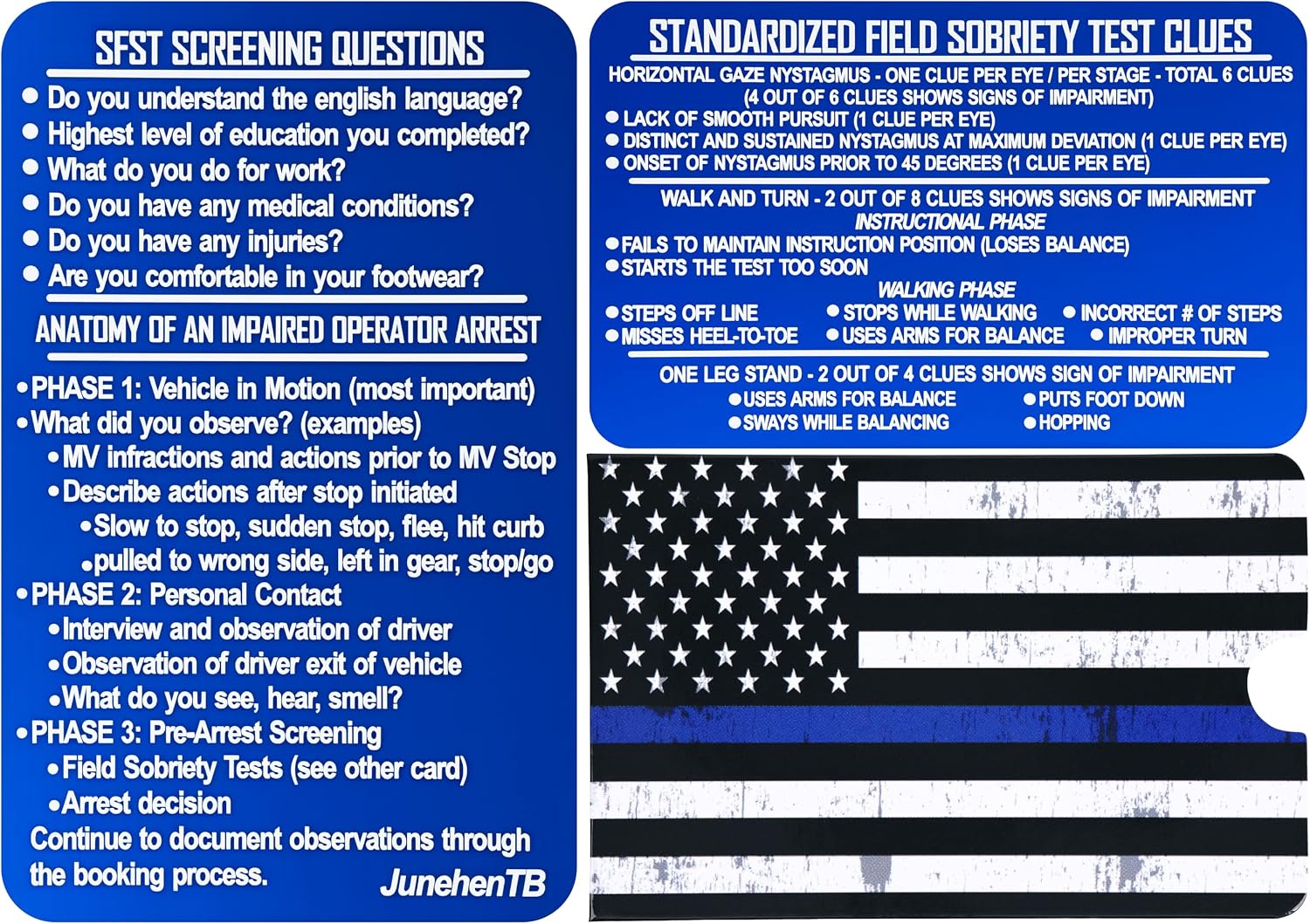 DUI Clue Reference Card, BLUE Metal Bend-Resistant SFST Thick Card Standardized Field Sobriety Test, SFST Instruction with Clues, Great Idea Gift for Police Law Enforcement Officers (blue, 1)