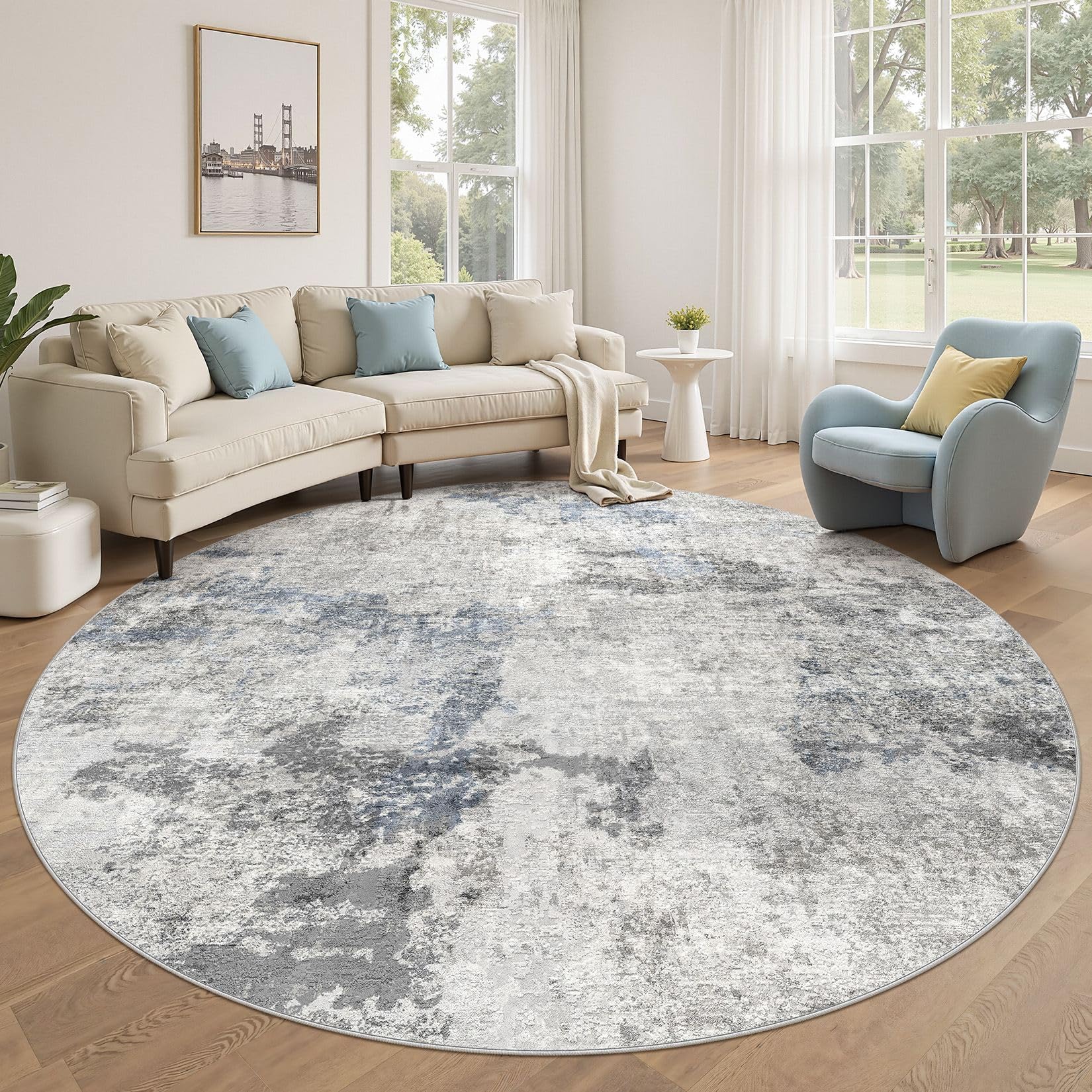 Photo 1 of DMOYEST 8ft Round Area Rug for Living Room - 8x8 Washable & Non Slip Circle Rug, Kid & Pet Friendly Soft Low Pile Abstract Carpet for Bedroom and Dining Room - Grey Blue