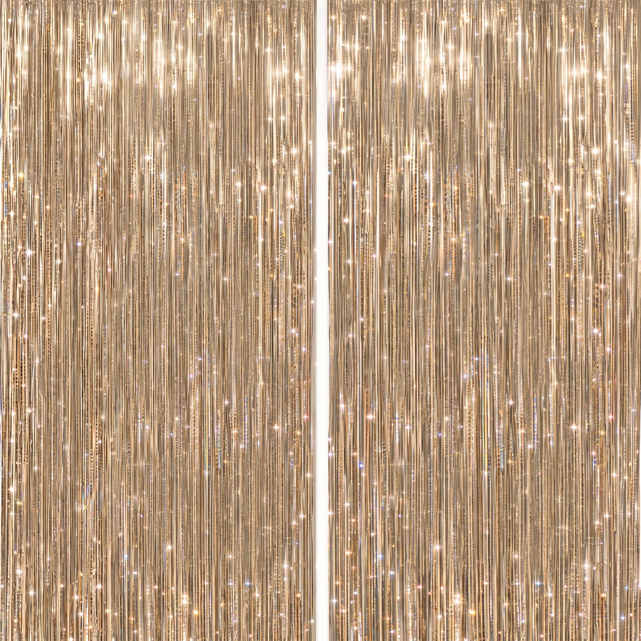 DECOCKRAT 2 Pack Foil Fringe Backdrop - Laser Champagne Shiny Tinsel Curtains for Party Decoration/Photo Booth Props - 3.3x6.6 FT Metallic Foil Backdrop for Birthday, Wedding, Graduation, Christmas.