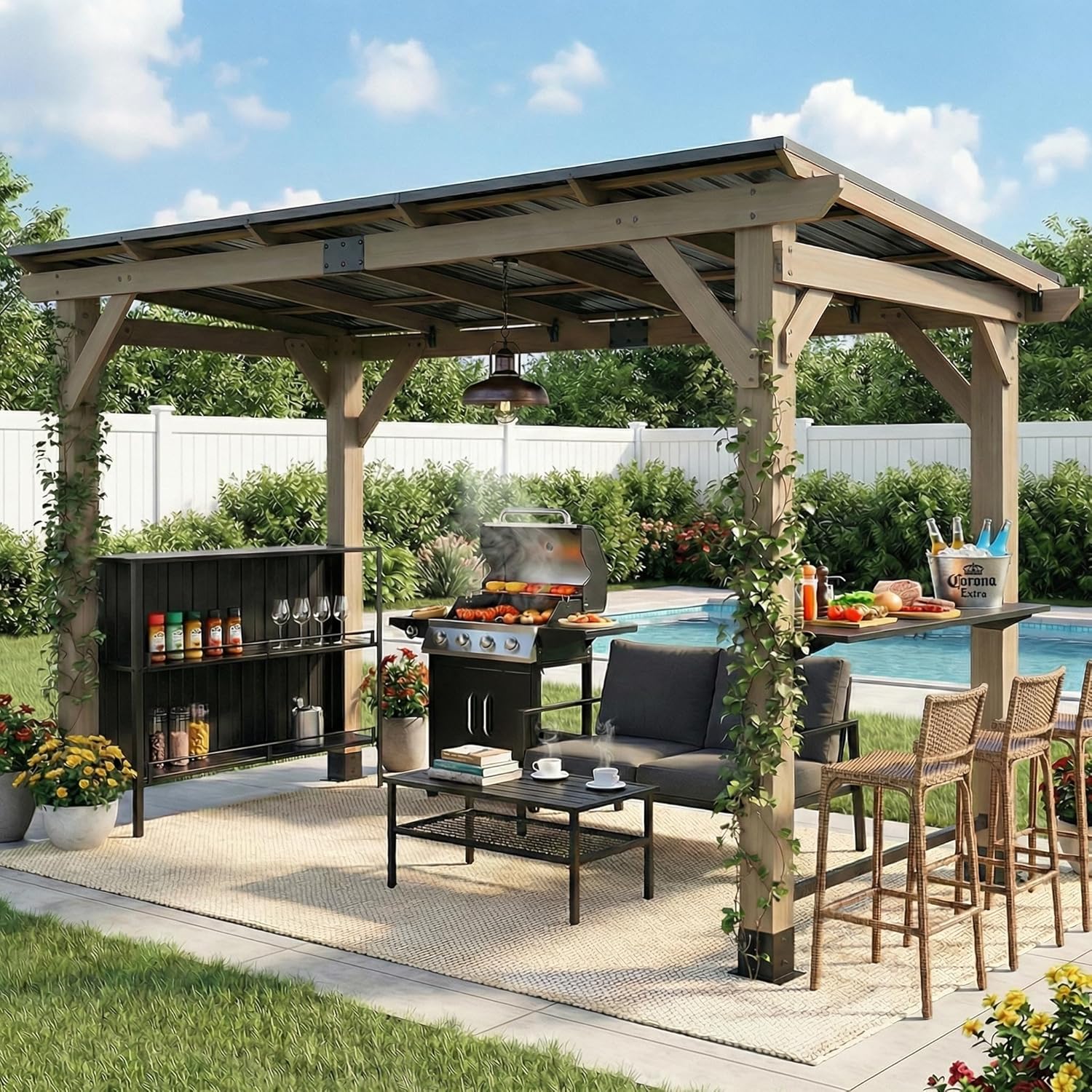 CHARMELEON Grill Gazebo 6 x 12 FT with Storage Cabinet & Bar Counter,Cedar Wood BBQ Gazebo,Permanent Patio Pavilion with Galvanized Steel Roof for Outdoor,Backyard,Garden,Deck-Gray Wood
