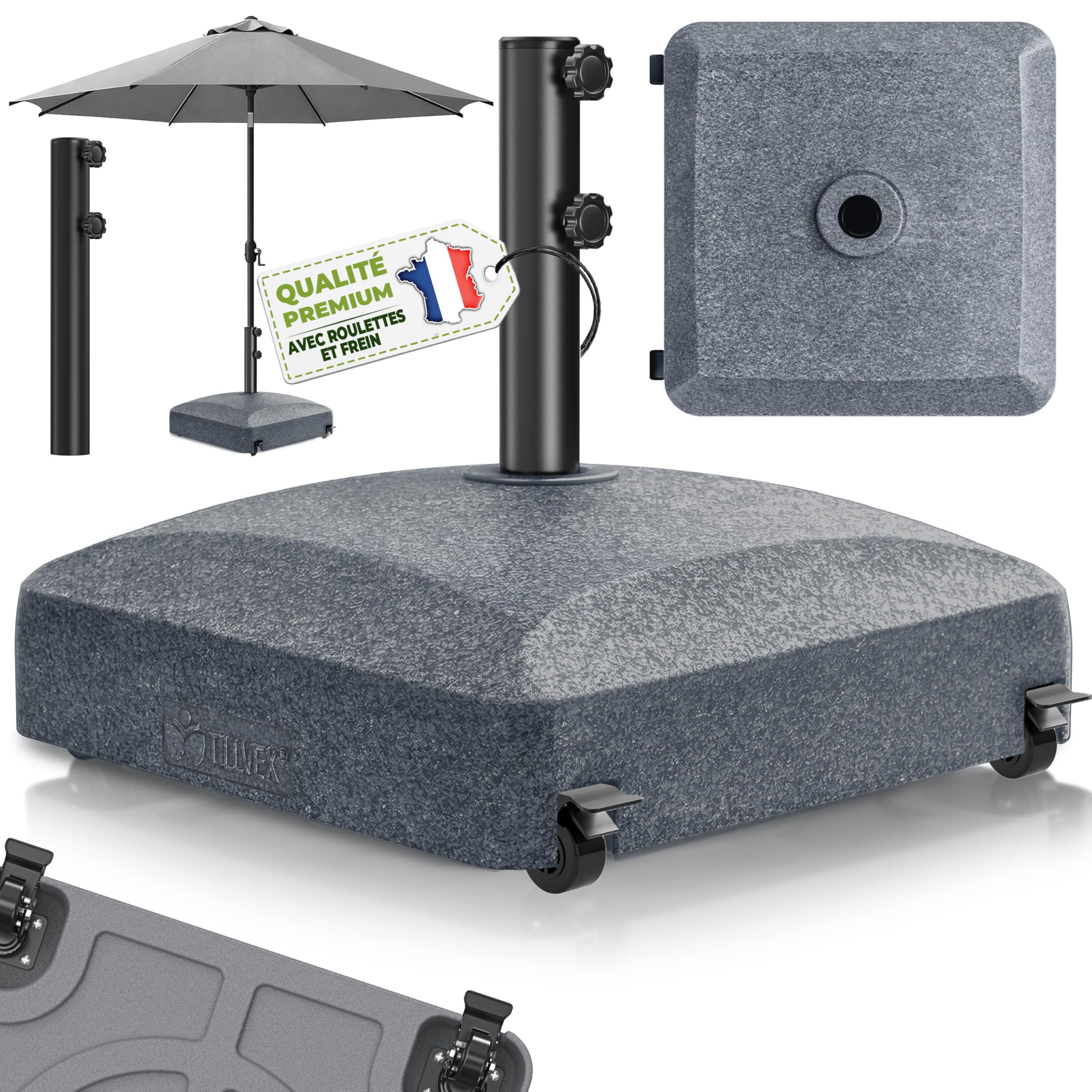 tillvex® Pied de parasol PAVERA à roulettes et freins | Support de lestage parasol à remplir 37L/56kg | Poids pour parasol droit et de marché Ø1,8-3,7m | Résistant aux intempéries et UV (Effet Granit)
