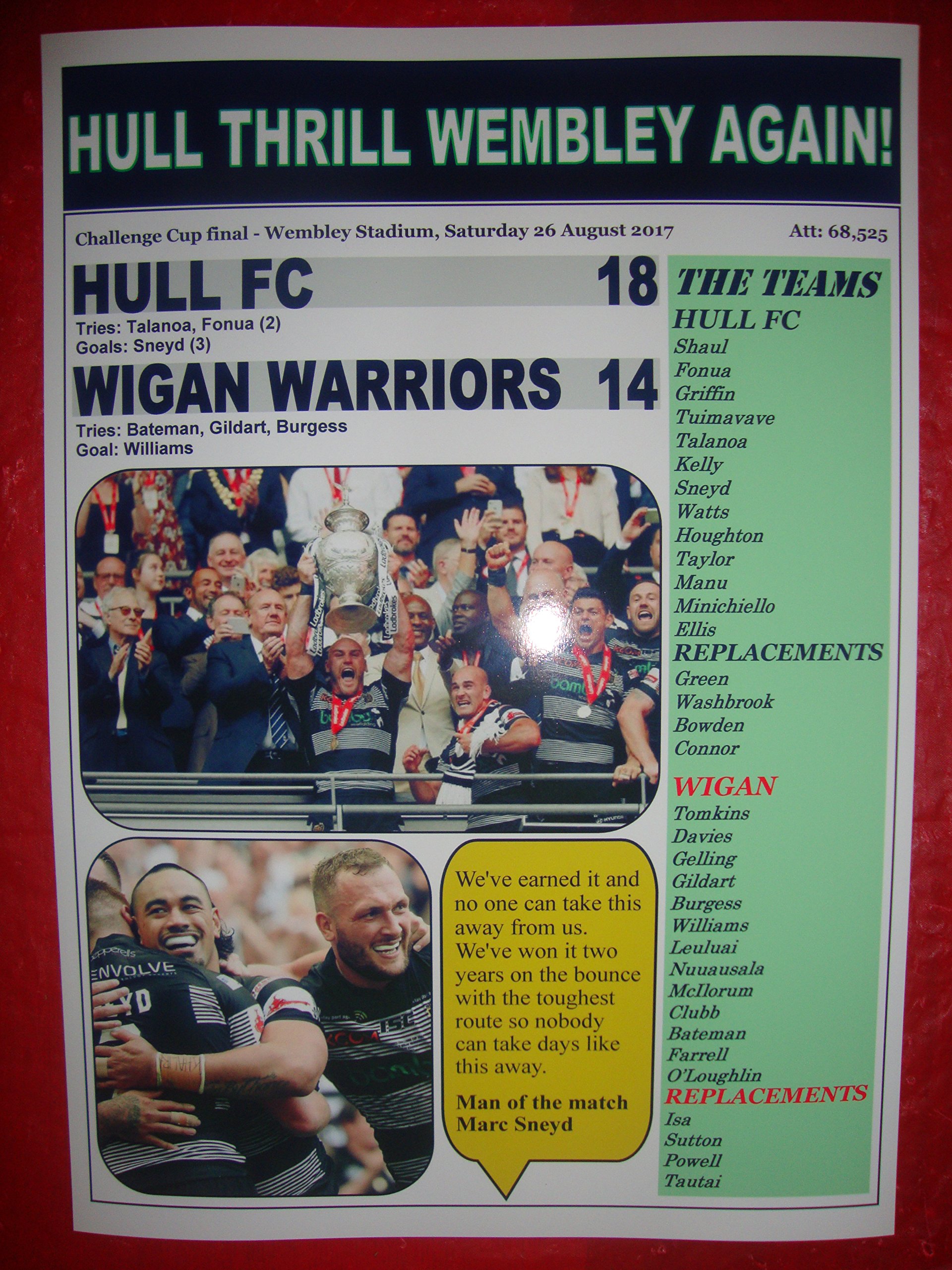 Lilywhite Multimedia Hull FC 18 Wigan Warriors 14-2017 Challenge Cup final - souvenir print