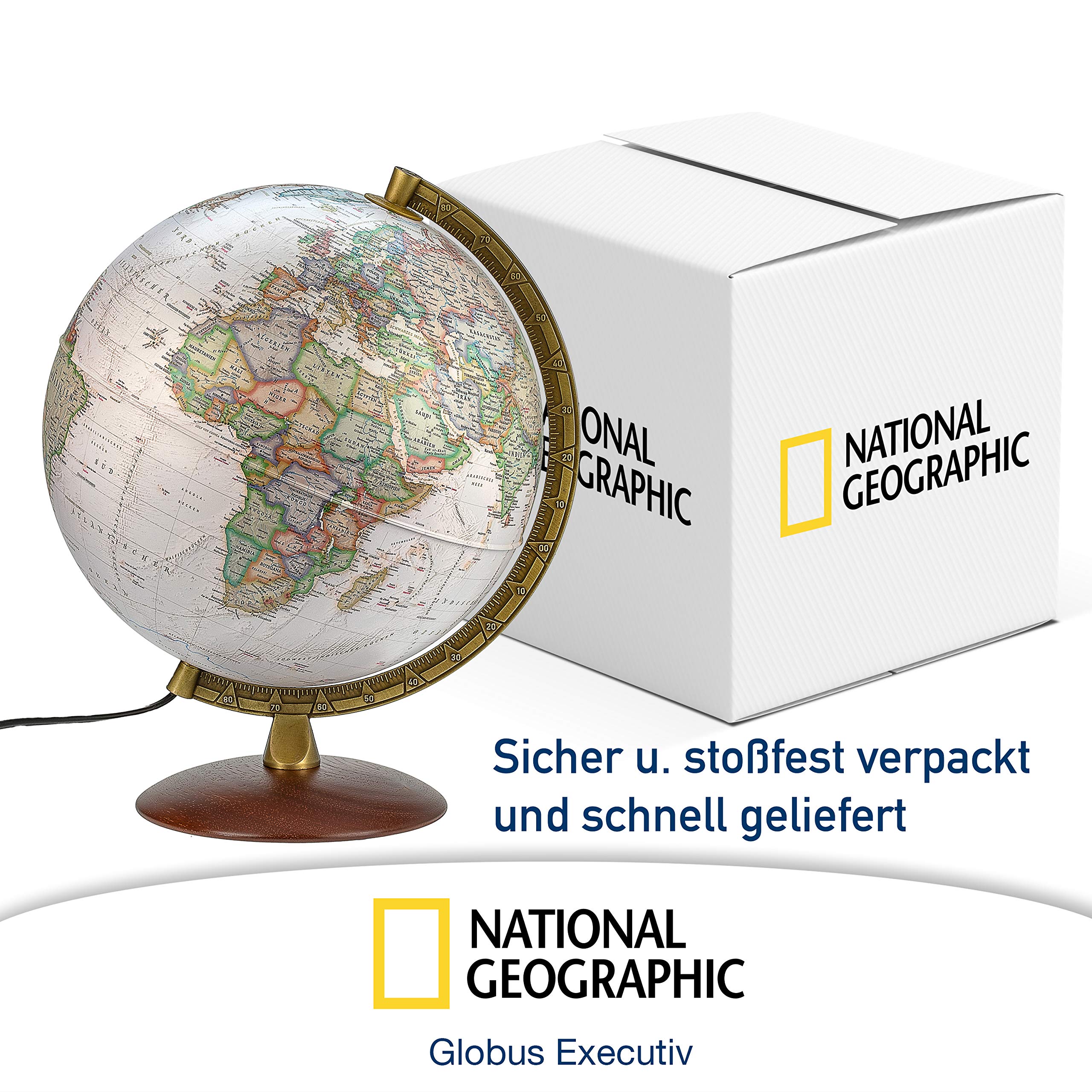 National Geographic - Leuchtglobus im exekutiven Stil - 30cm Globus mit stabilem Standfuß und Metall Meridian, Kartenbild 2026 physikalisch/politisch mit LED Leuchte, aktuelles deutsches Kartenbild