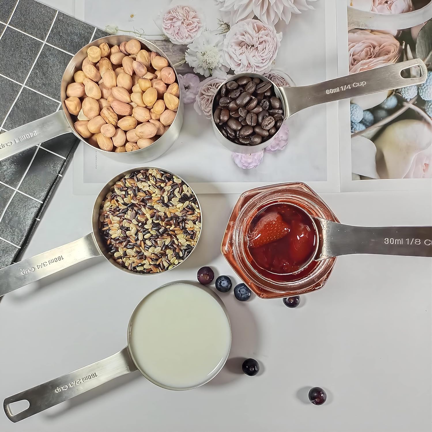 Measuring Cups and Spoons Set, 18/8 Metric & US Stainless Steel 8 Measuring Cups & 9 Spoons with 1 Leveler & 1 Measurement Conversion Chart for Baking & Kitchen