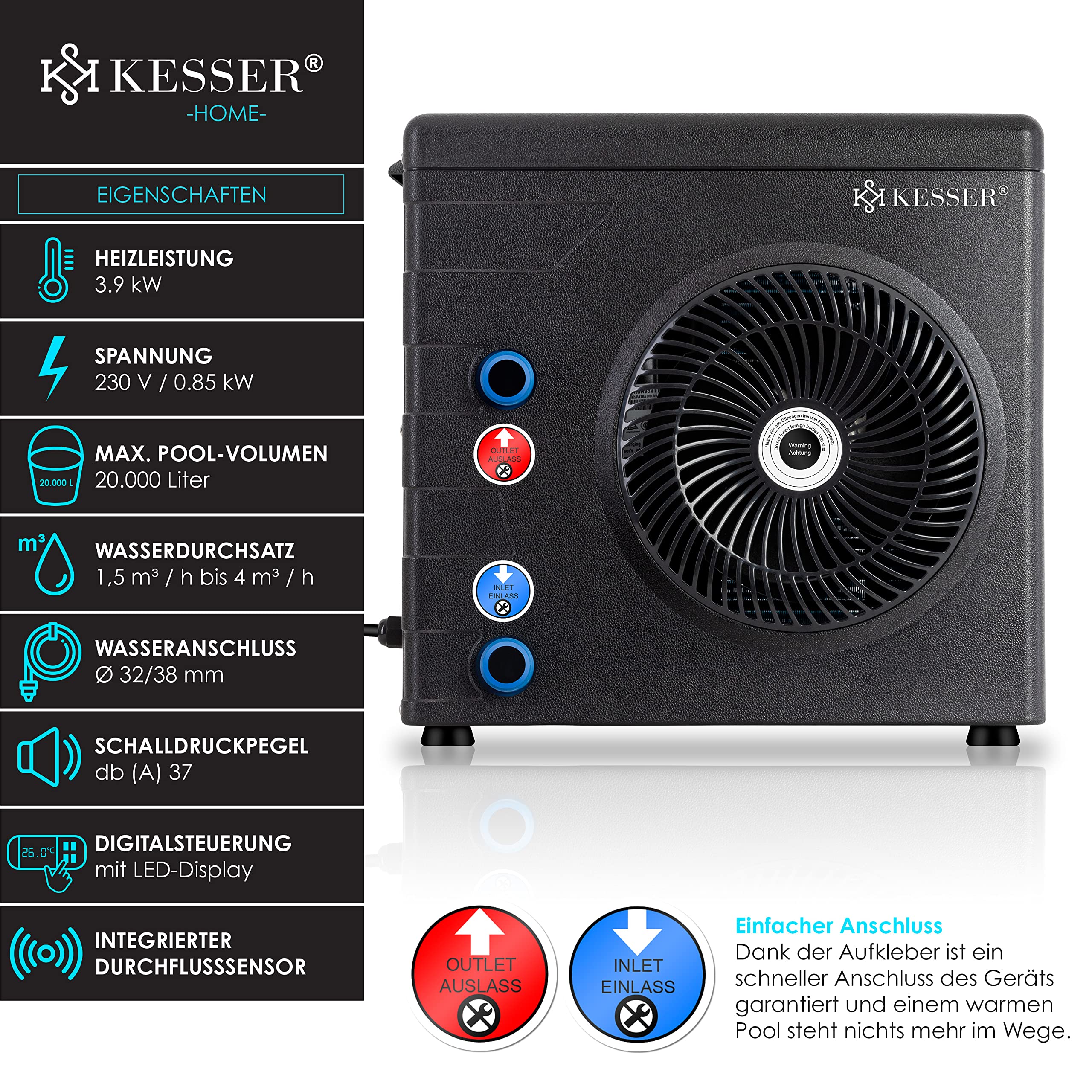 KESSER® Wärmepumpe für Pools Schwimmbecken bis 20.000 l Wasserinhalt, Pool Heizung Heizleistung 3,9 kW, 220V Betriebsspannung Wasseranschluss Ø 32/38 mm Durchflusssensor Digitalsteuerung, Schwarz