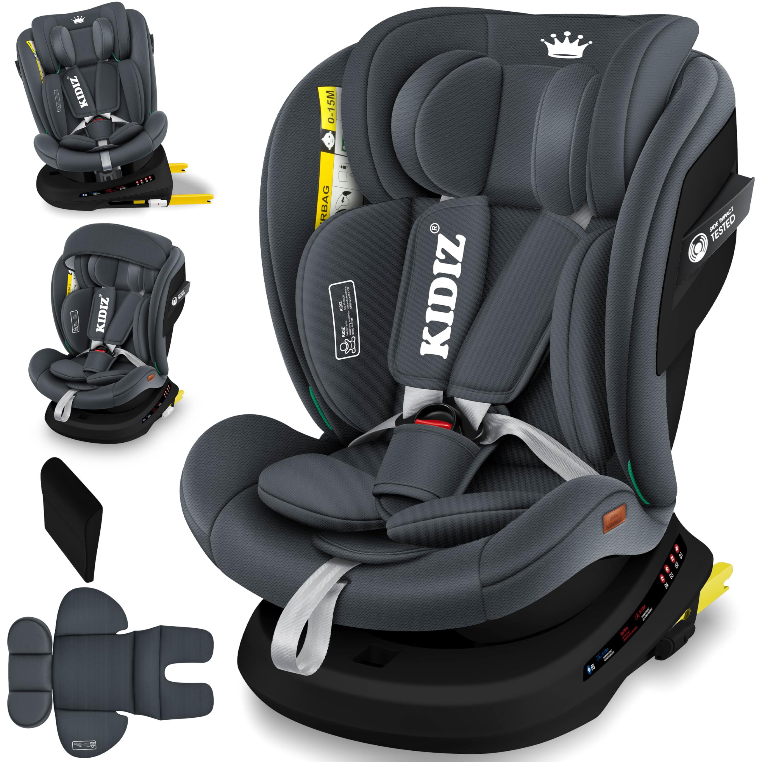 KIDIZ® Autokindersitz mit Isofix i-Size R129 100-150cm Gruppe 0/1/2/3 5-Punkt-Gurt höhenverstellbare Kopfstütze Anthrazit
