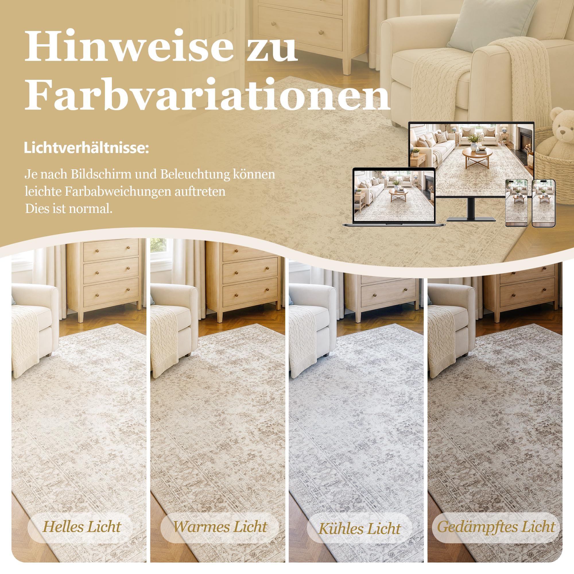 Beauoop Vintage Teppich Läufer Flur 60x240 cm Beige Waschbar Küchenteppich | Kurzflor Weich Rutschfest Retro Teppichläufer Bettvorleger Schlafzimmer Wohnzimmer Eingangsbereich Pflegeleicht Kitchen Rug