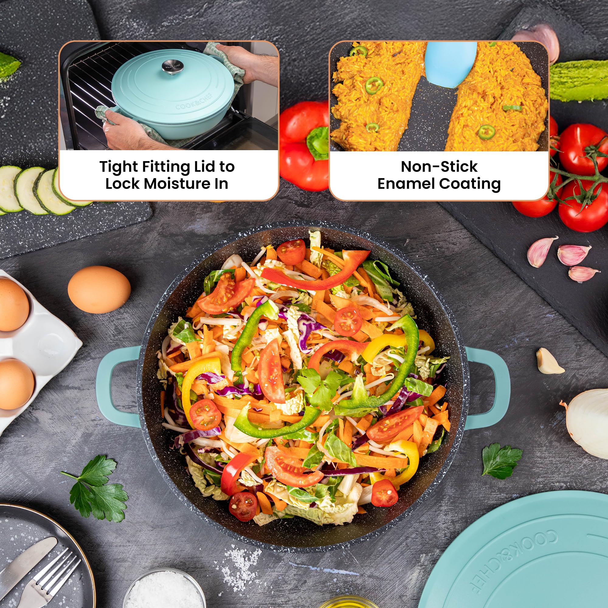 Teglia con coperchio, resistente al forno, antiaderente, piatta, per piani cottura a induzione, resistente al forno, pentola per zuppe in alluminio, 3,9 l, 28 cm, verde bluastro, Di Nuovva