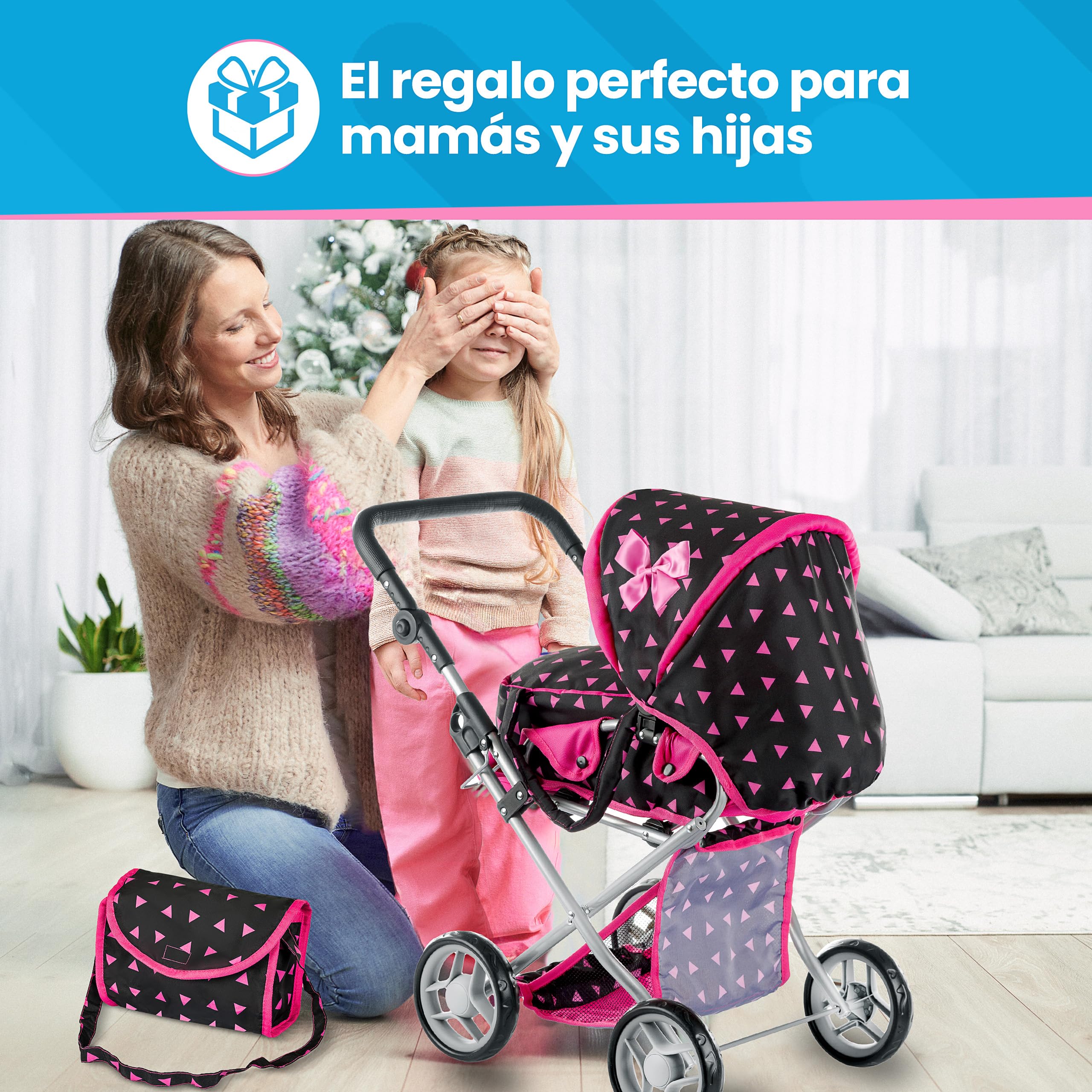 Kinderplay Carrito Bebe Juguetes, Cochecito para Muñecas - Cochecito de Muñecas, Gondola, Permite Ajustar El Mango En Un Rango de 36.5 cm a 64 cm, KP0200R