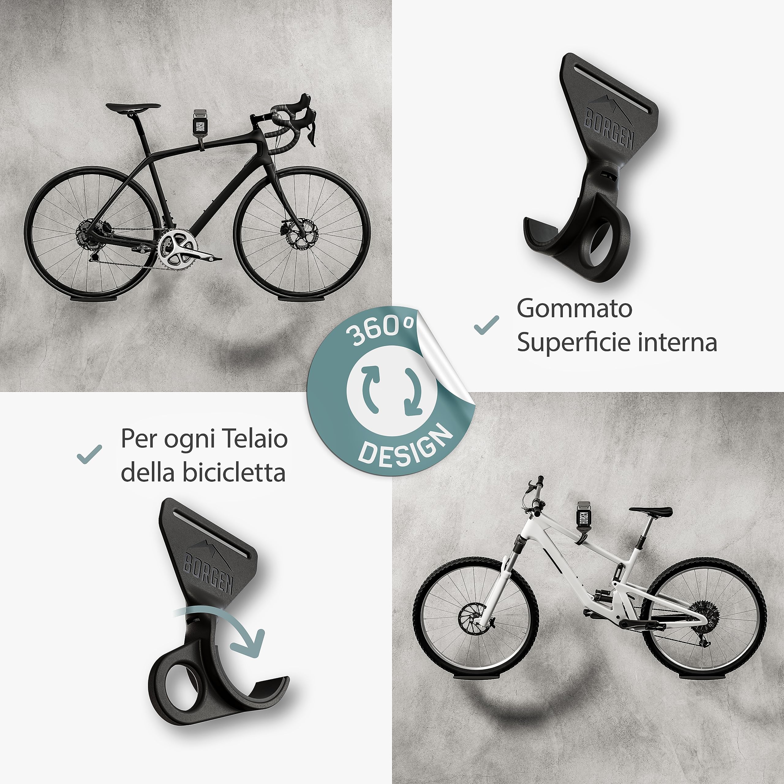 Borgen portabici da muro - portabici regolabile da muro - compatibile con e-bike, bici da corsa, MTB, bici da strada - gancio gommato antigraffio