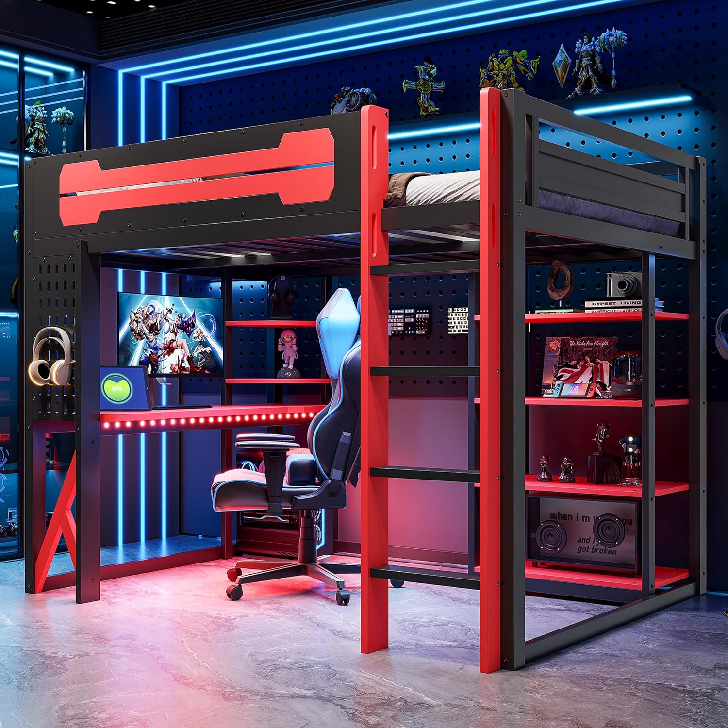 Merax Wood Loft Bed with Desk, Shelves, Power Outlet & USB/Type-C Ports, and RGB Light, Full Size, Black+Red