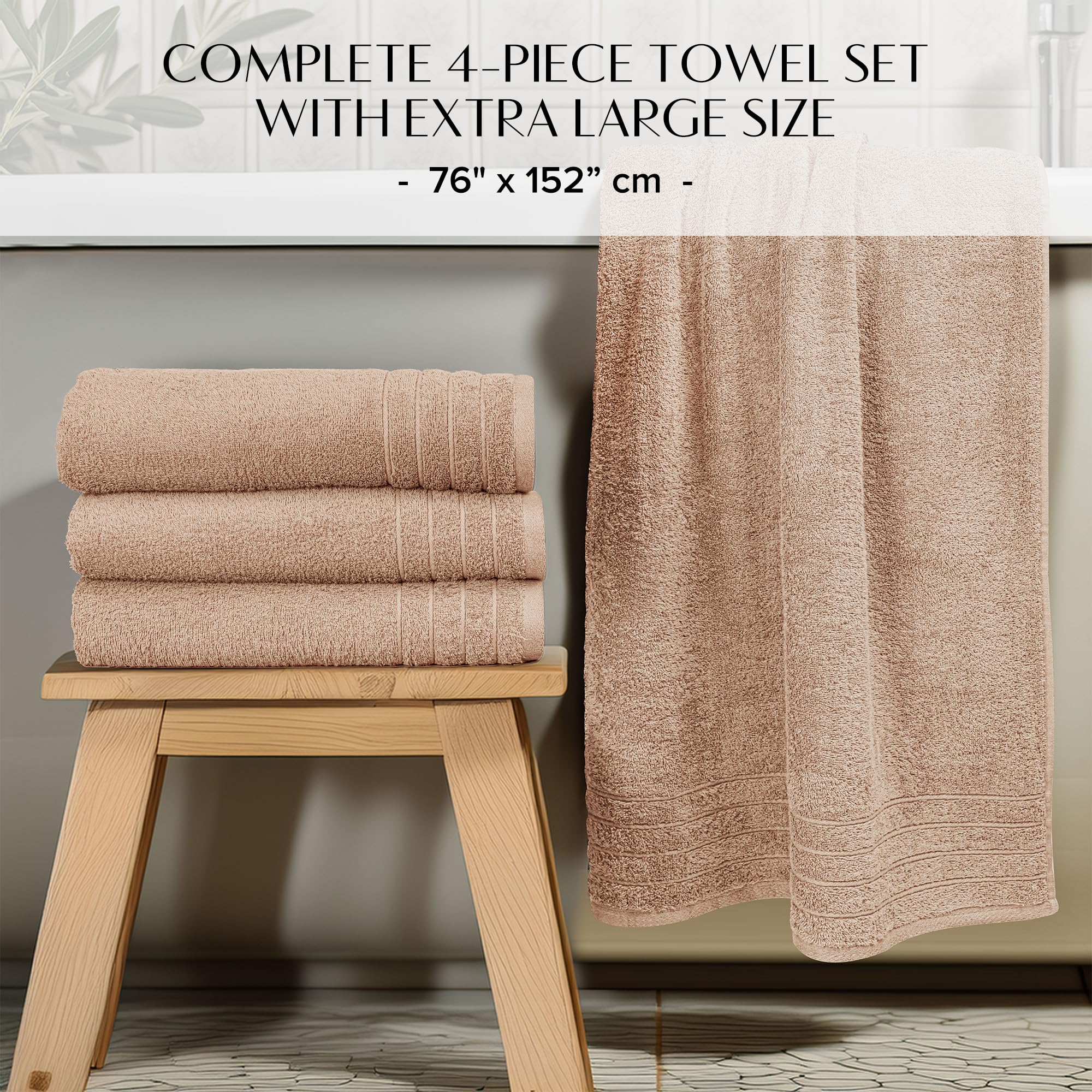 Set di 4 asciugamani da bagno extra large (76 x 152 cm), 100% cotone, super morbidi e leggeri, ad asciugatura rapida e altamente assorbenti, qualità alberghiera, 450 g/m², beige