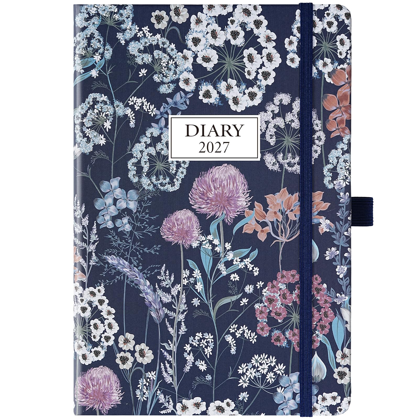 2027 Diary - A5 Diary 2027 Week to view, From January 2027 - December 2027, with Elegant Deep Blue Dandelion Hardcover, Elastic Pen Holder, Back Pocket, 21.3 x 14.7 x 1.6 cm