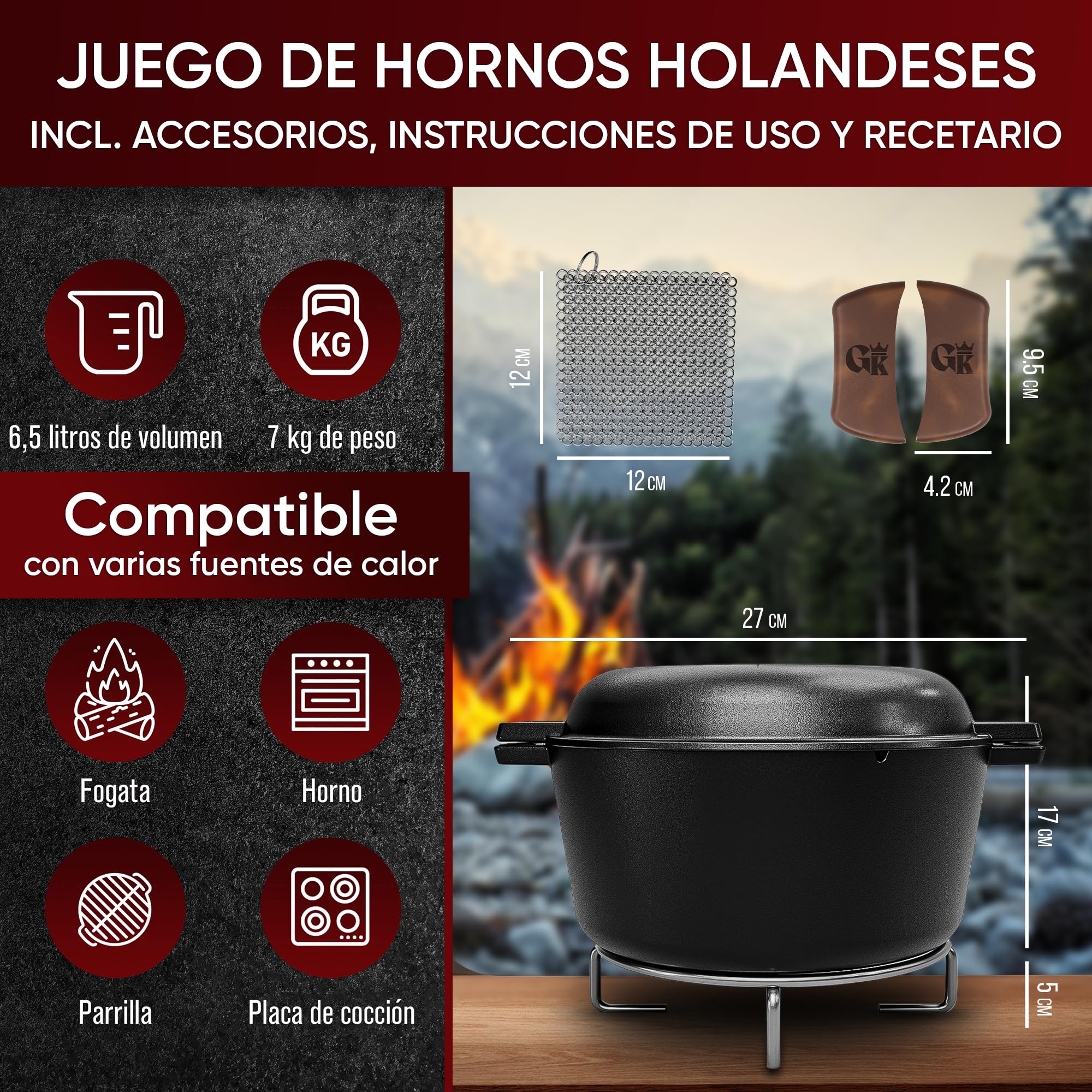 GUSSKÖNIG cocotte hierro fundido – Cocotte pre-curada de 4,8L y sartén de 1,8L. Set 2-en-1 con doble función para estofar, incluye recetario y accesorios para BBQ, camping y cocina