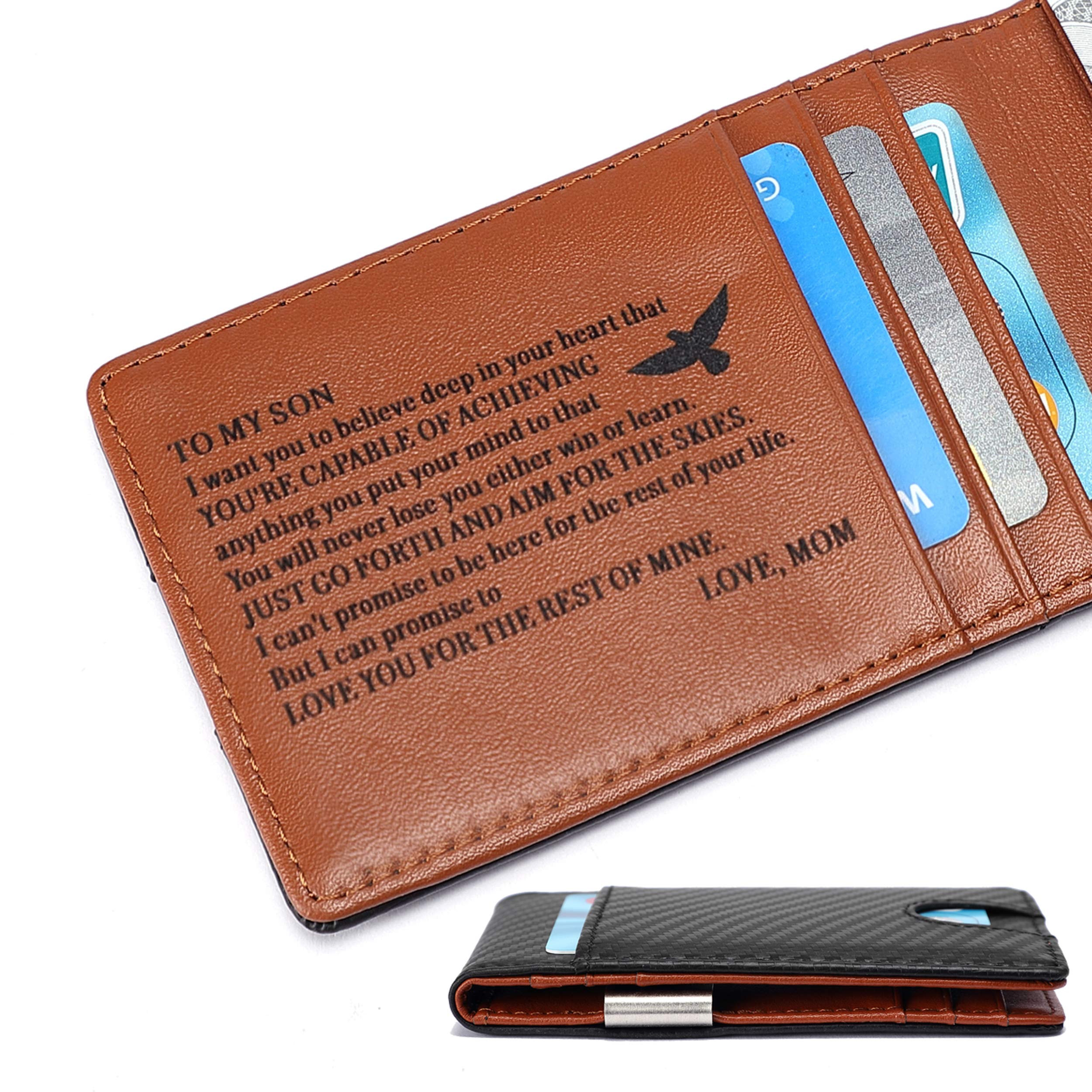 Personalized Minimalist Engraved Metal Money Clip Carbon Fiber Bifold Wallet for Son Husband Boyfriend Dad - Custom Slim RFID Blocking Front Pocket Card Holder for Men - Christmas birthday Anniversary