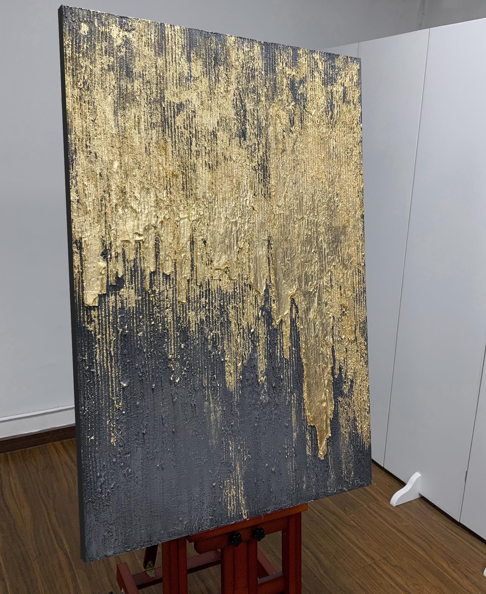 Boiee Art,30x45Inch Wrapped Canvas Paintings Hand Painted Abstract Textured Artwork Abstract Portrait Wall Art in Charcoal Grey Gold Acrylic Painting Framed Ready to Hang