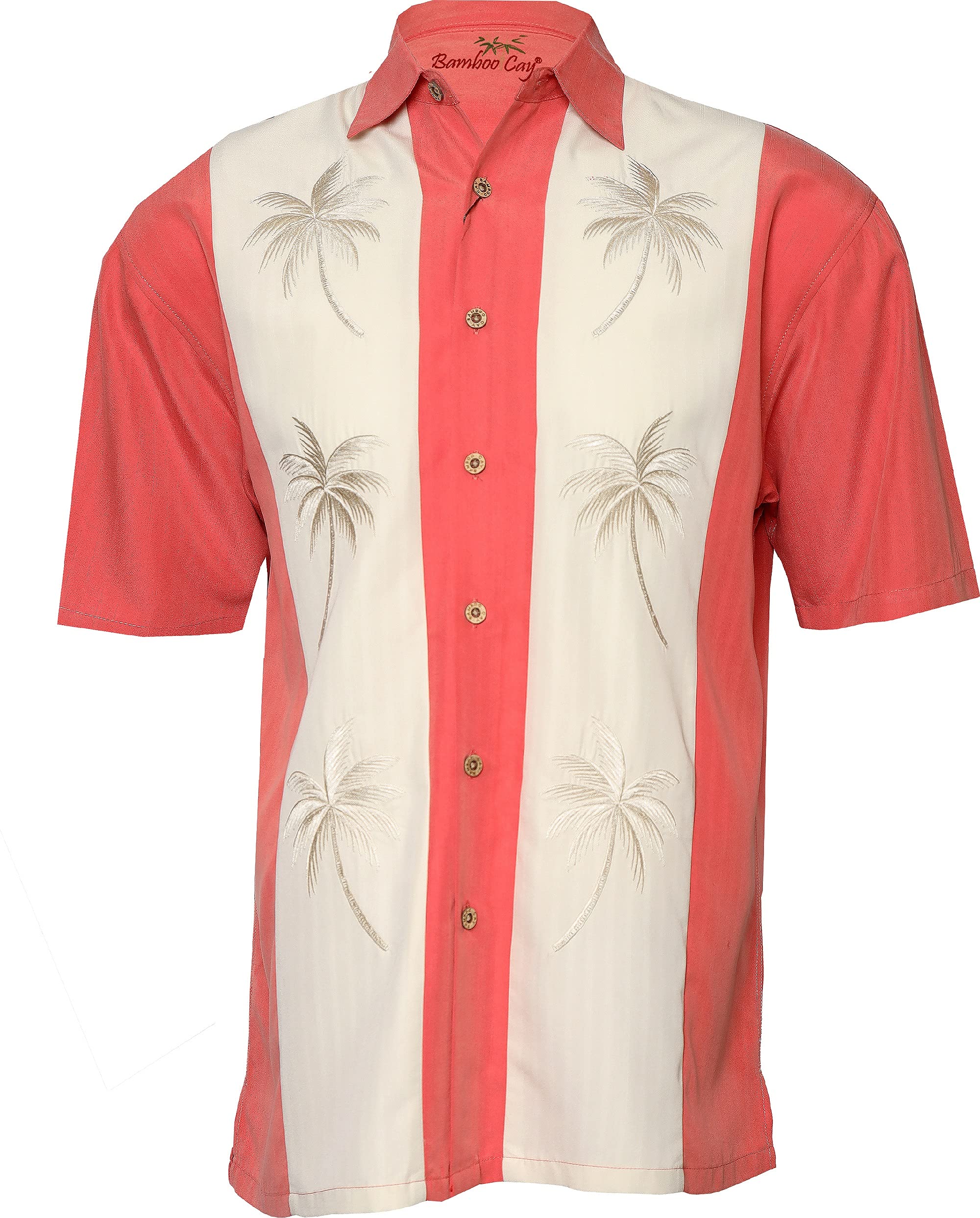Bamboo CayMens Short Sleeve Pacific Paneled Palms Casual Embroidered Woven Shirt