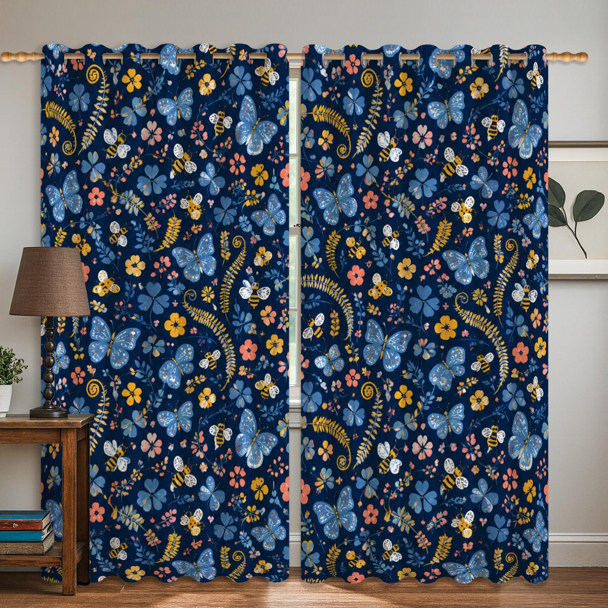 Rideaux occultants bleu marine 106x160cm à motif papillon et fleur