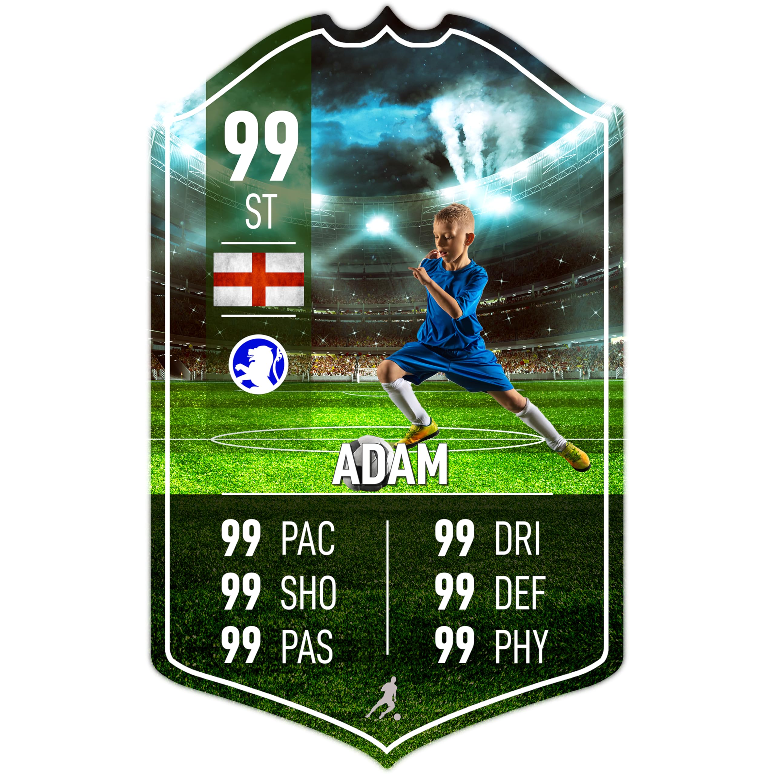 ShopQuality4U Personalise Football Cup Player Stats Card Sign - Field Printed Metal Shield Sign Wall Art A4 Player Add Name (28x17cm)