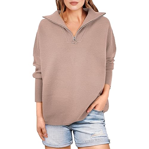 ANRABESS Women Quarter Zip Oversized Casual Loose Rib Knit Cozy Pullover Sweaters Top 2025 Fall Fashion Outfits Clothes
