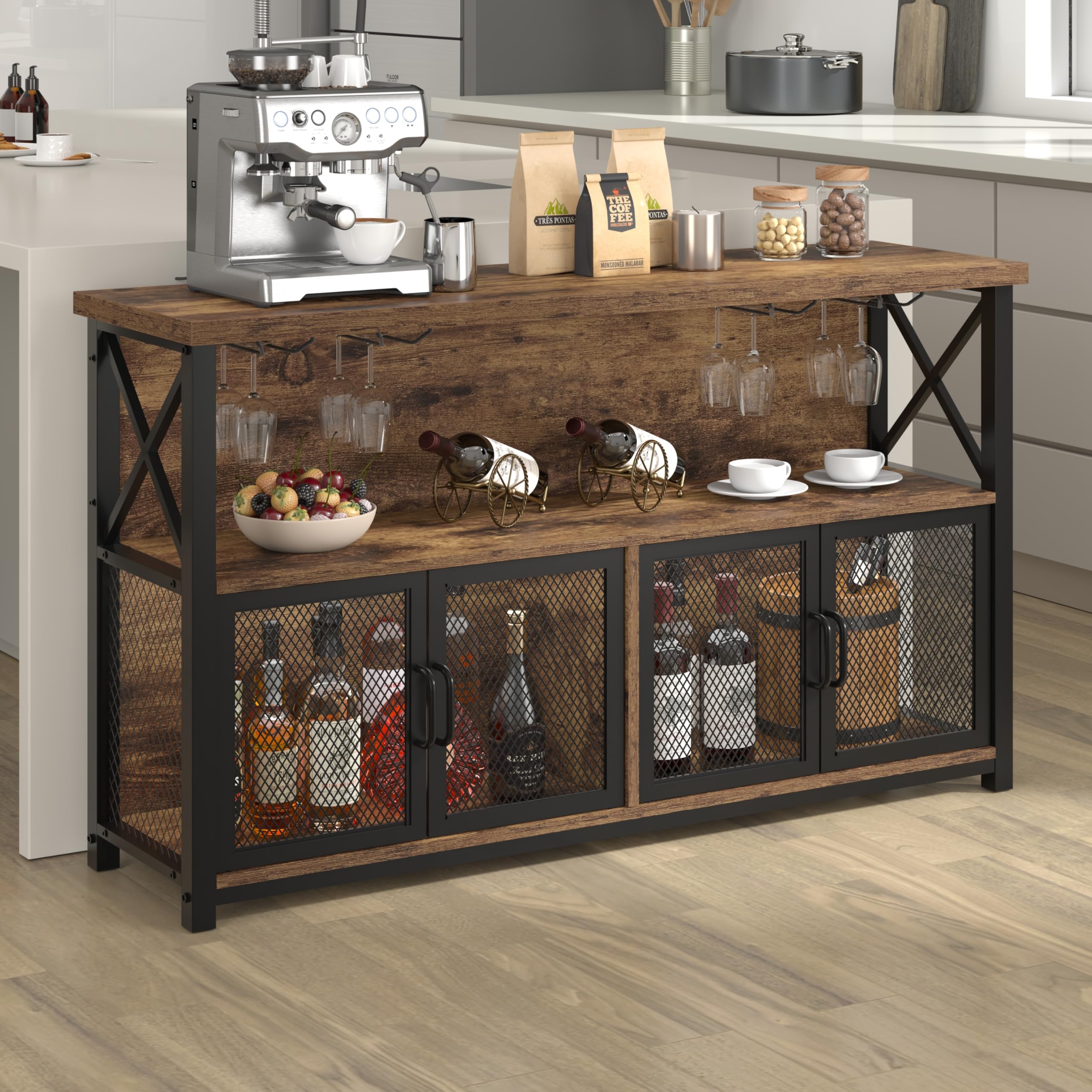 LVB Industrieller Kaffeebar-Schrank, Bauernhaus-Weinbarschrank für Likör und Gläser, Metall-Holz, Sideboard, Buffet, Likörschrank und Weinregal mit Stauraum für Zuhause, Esszimmer, Küche, rustikales