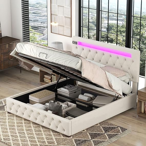 Laxnb Doppelbett 140x200 Mit LED - Stauraumbett Mit Hydraulischem Lift