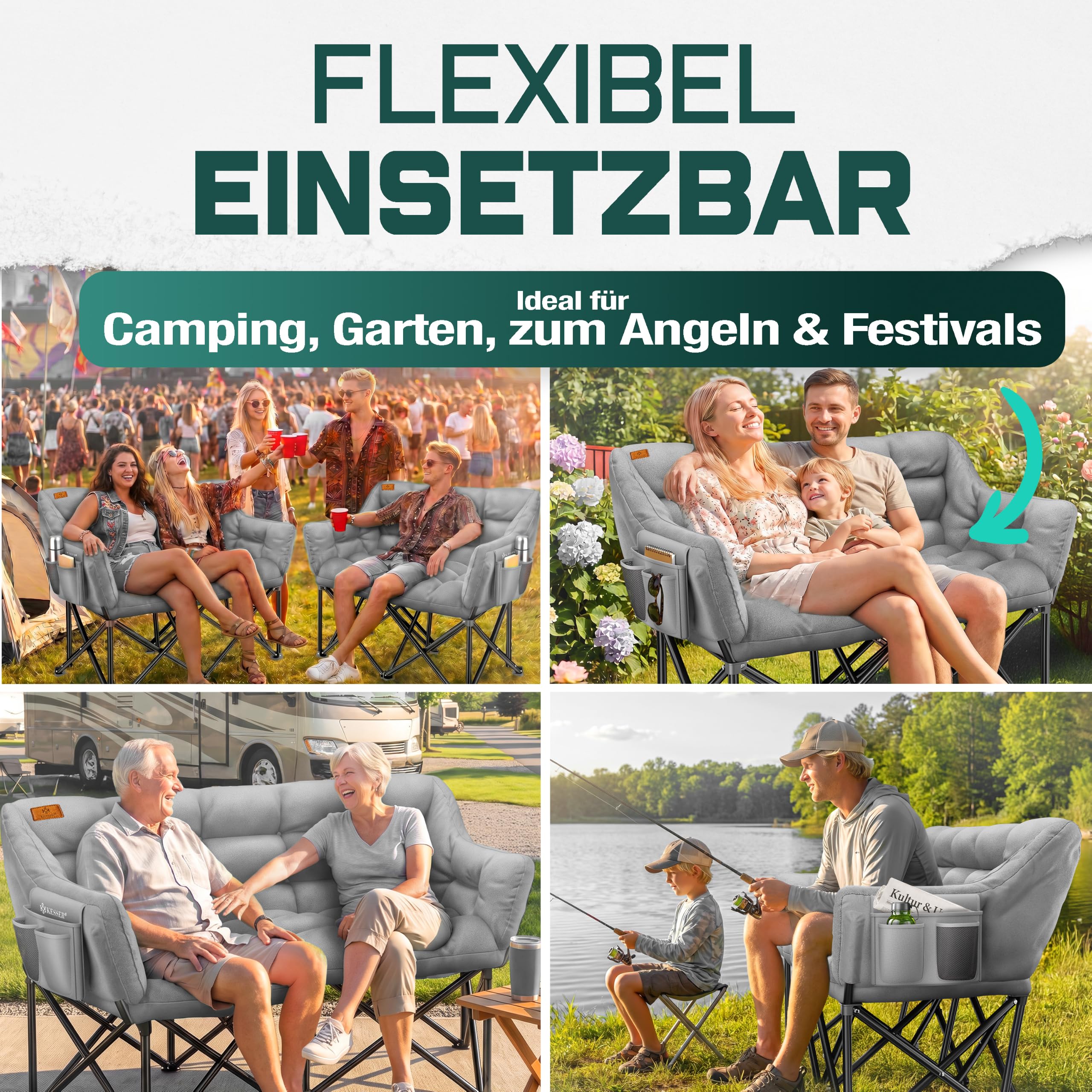 KESSER® Campingsofa faltbar, Campingcouch breit, gepolstert mit Seitentaschen & Tasche, Faltsofa Duo, Campingstuhl Indoor & Outdoor, Camping, Festival, Angeln & Garten