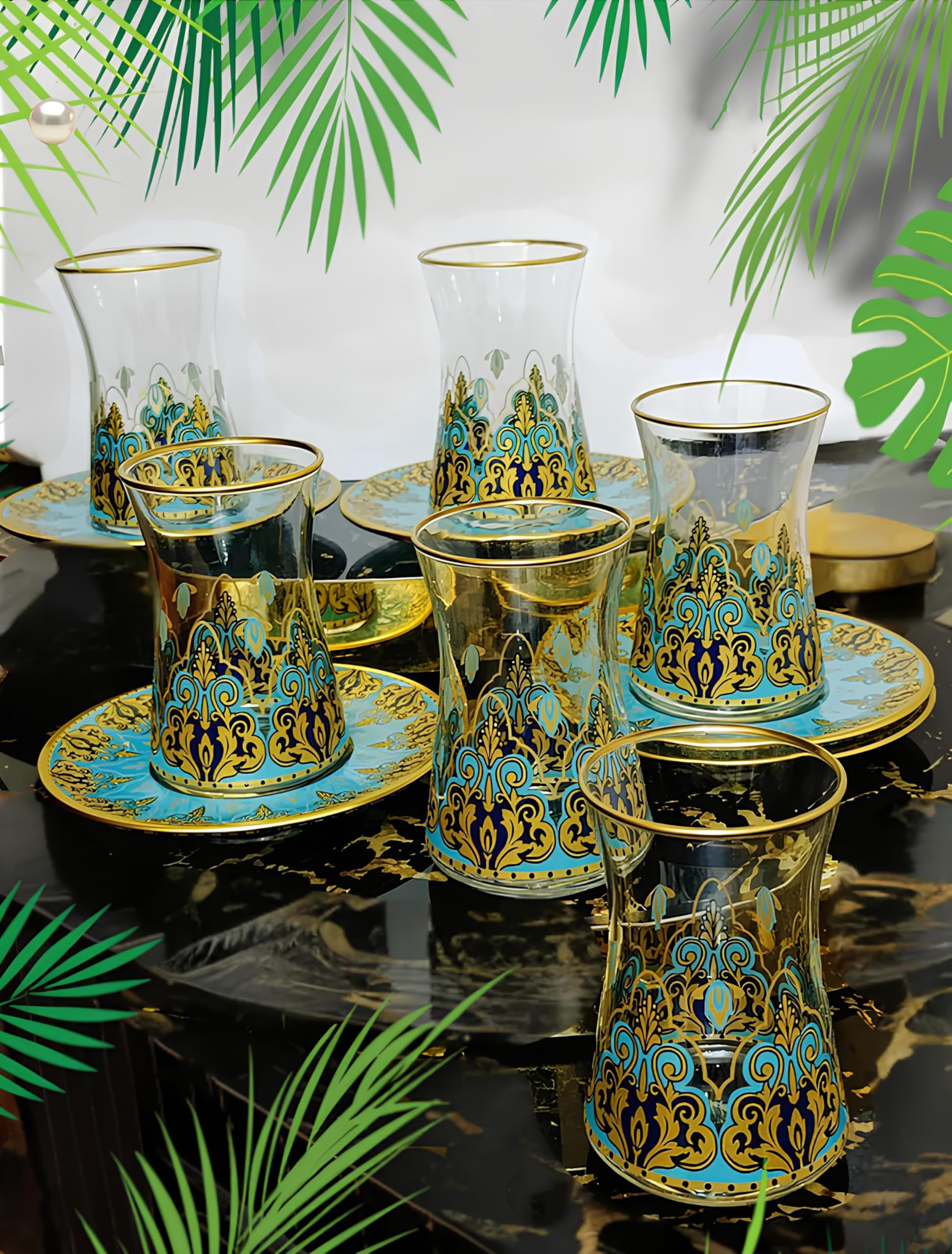 Vasos de té turco hechos a mano con platillos, tazas de té turco antiguas, juego de 6 vasos de té vintage, vasos de té árabe, vasos elegantes árabes para fiestas de mujeres, vidrio persa y