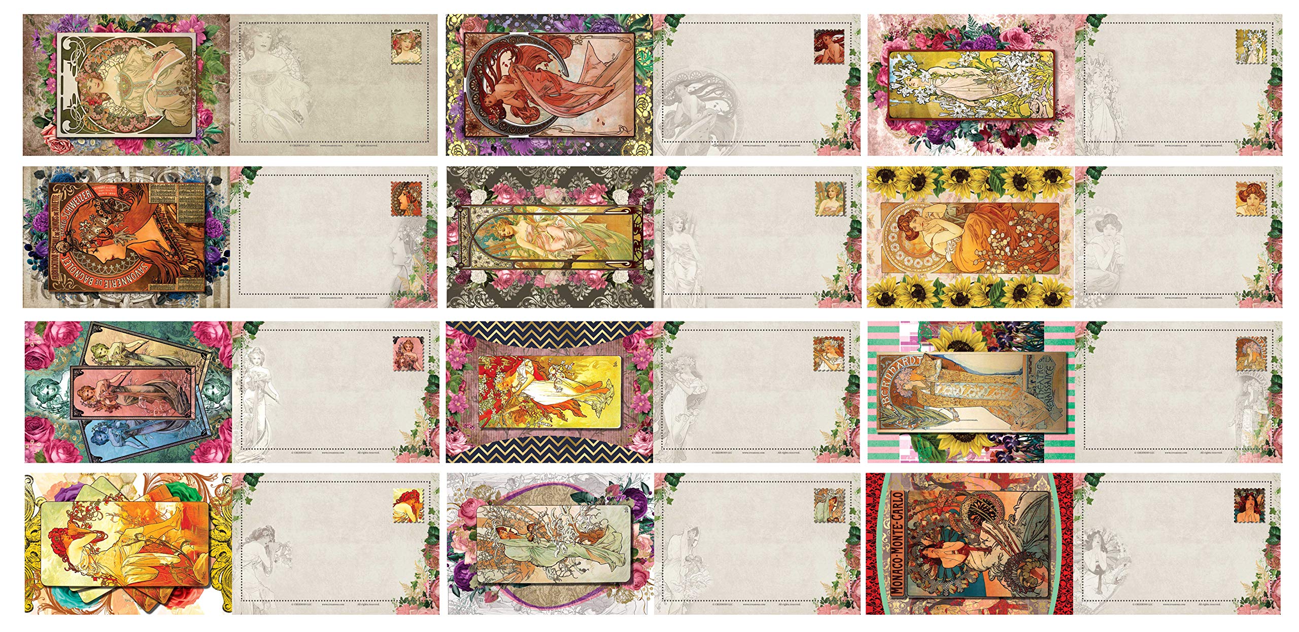 Creanoso Alphonse Mucha Art Nouveau Postcards (12-Pack) – Assorted Note Card Stock Bulk Set – Premium Quality Stocking Stuffers Gift for Art Lovers, Artists, Men, Women, Teens – Cool Giveaways