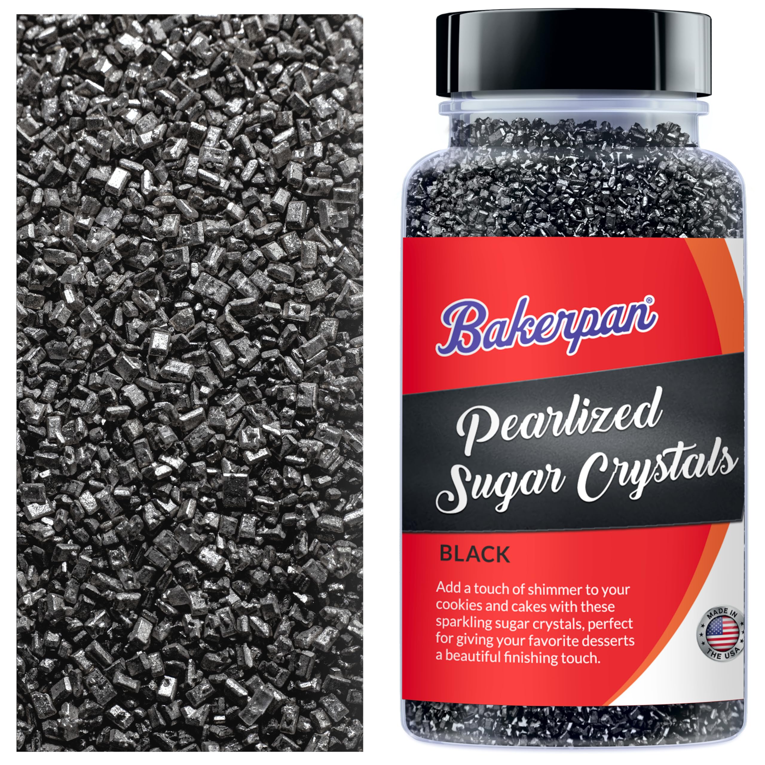 BakerpanPearlized Sugar Sprinkles for Baking - 5 Ounce - Sparkling Black Decorating Sugar Crystals for Cookies, Cake Pops, Ice Cream (Made in USA)