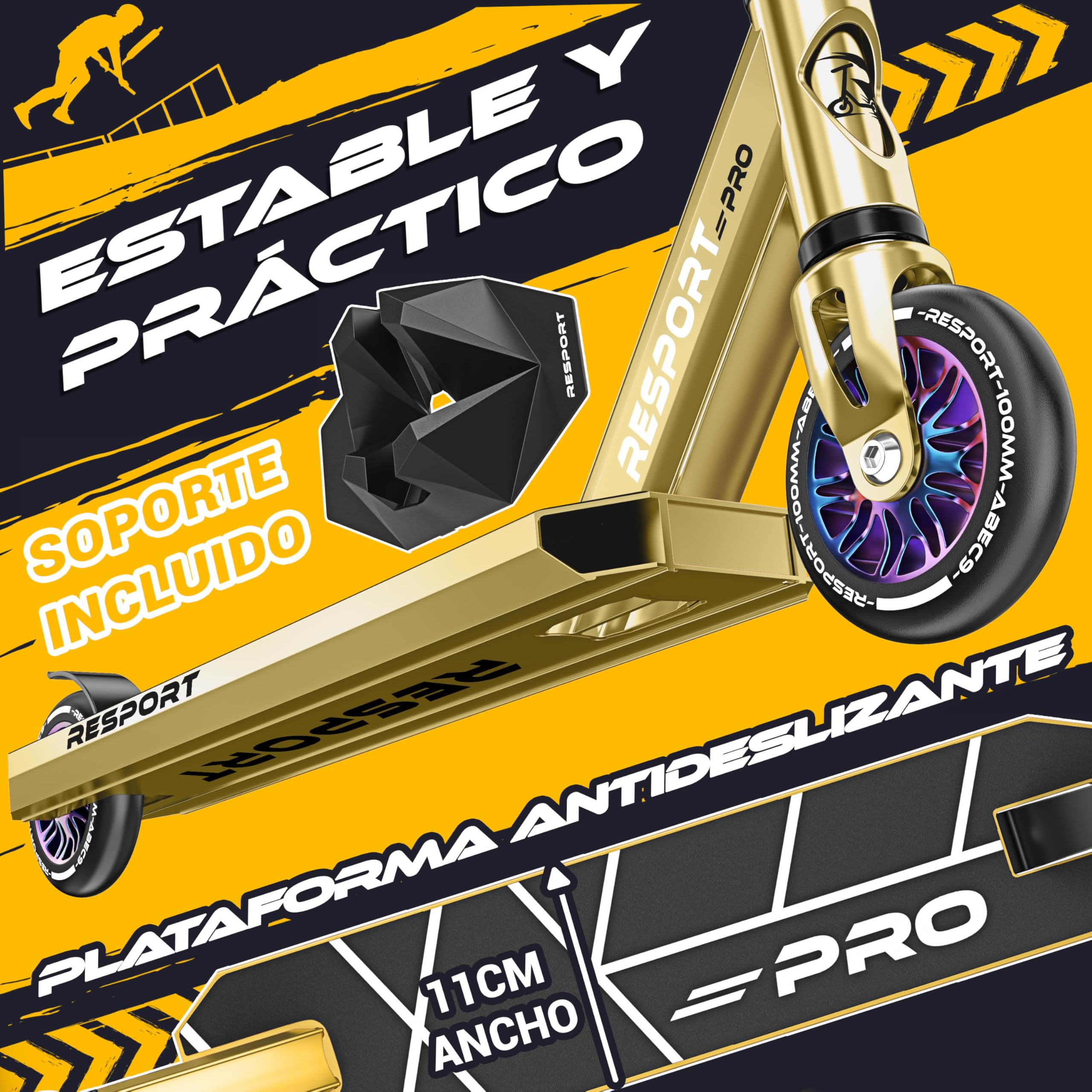 RE:SPORT Patinete de acrobacias Revo Pro para niños y adultos con soporte, patinete profesional de 110 mm, ruedas de poliuretano y barra en Y, patinete de acrobacias, patinete ABEC 9, rodamientos de — view 3