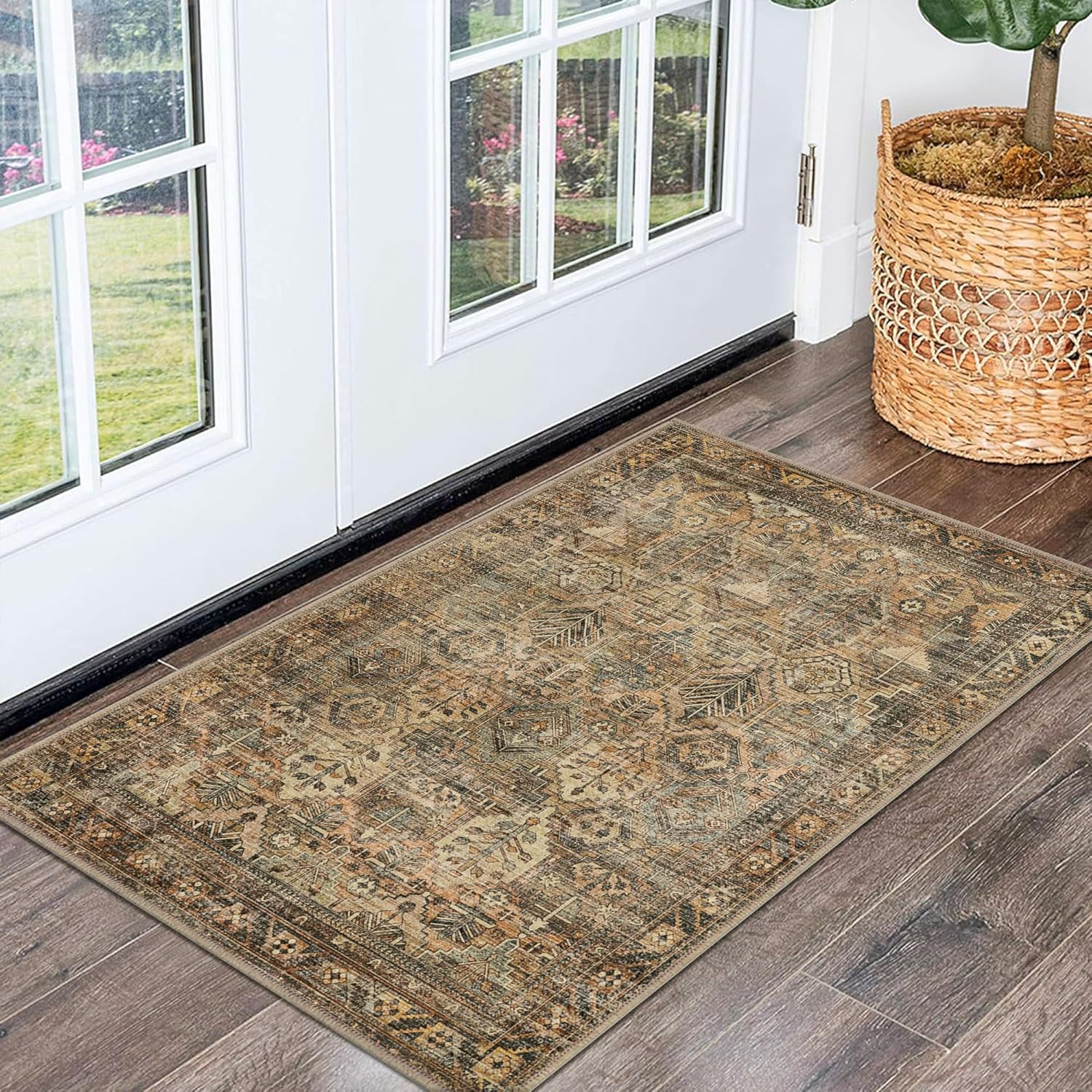 Runner Rug 2x5 Machine Washable Vintage Distressed Print Ultra-Thin Chenille Hallway Bedroom Kitchen Entrance Accent Rug, Low Pile Lightweight Non Slip with Gripper, Sage/Charcoal