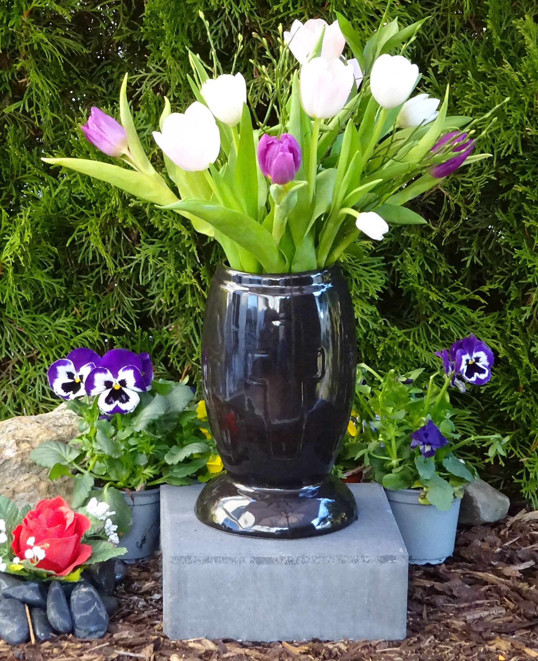 GRABVASE MIT GRANIT Sockel Friedhofsvase Grablaterne Edelstahl Vase