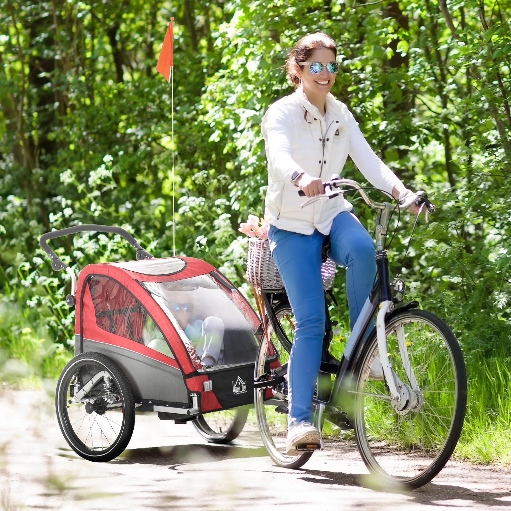 HOMCOM 3 in 1 Kinderanhänger Aluminium Kinder Jogger Fahrradanhänger Radanhänger für 2 Kinder mit Schwingungsdämpfungssystem Aufbewahrungstasche Verstellbarer Lenker