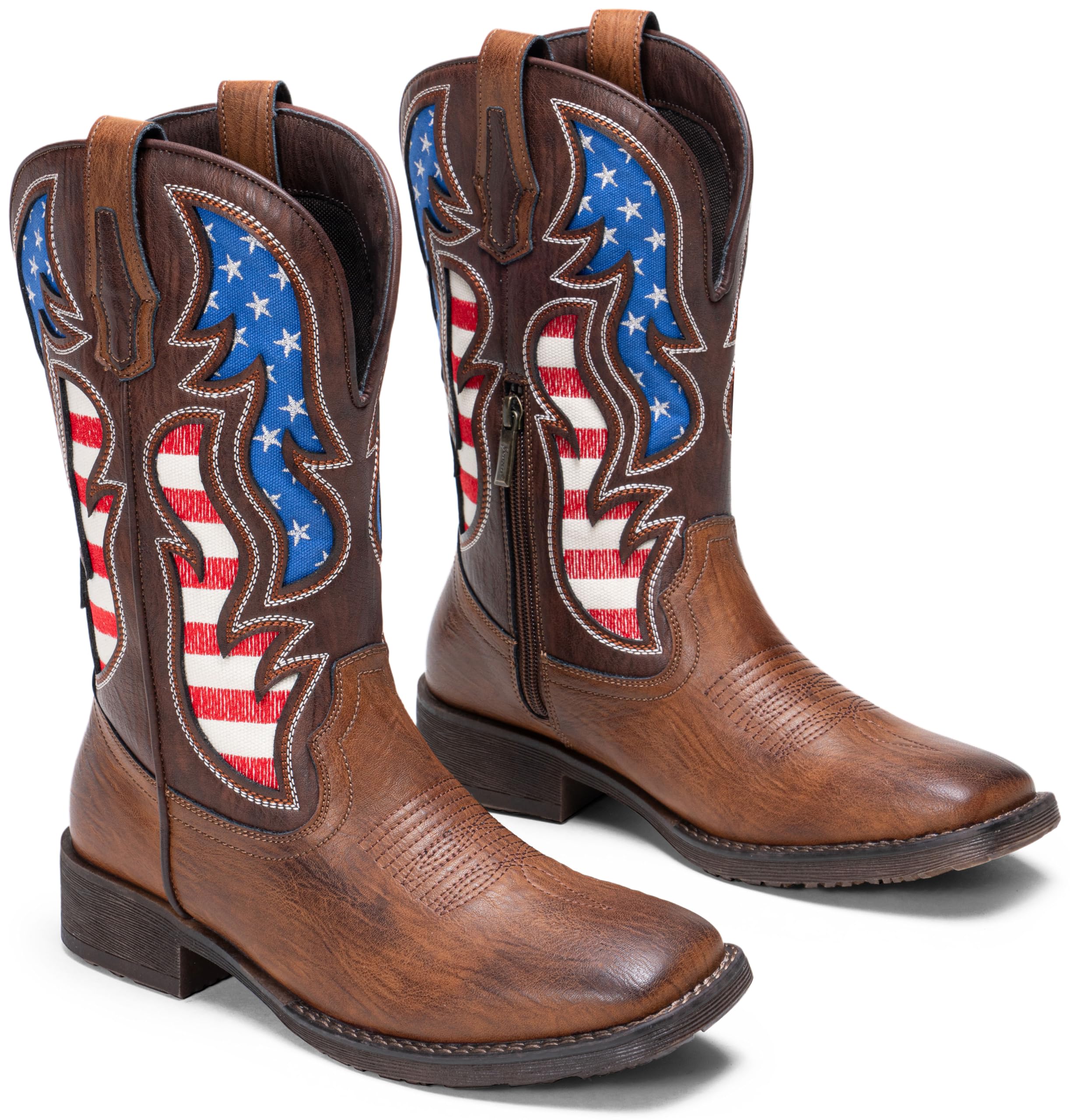 Jousen Cowboy Boots for Men Western Boot Side Zipper American Flag Retro Square Toe Mid-Calf Mens Boots - 5