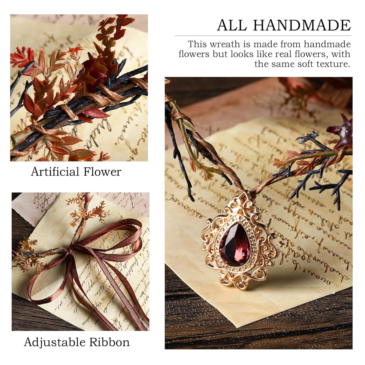 MOSTORY Handmade Elf Crown - Flower Fairy Headpiece Woodland Elven Headband Forest Fruit Circlet for Women s Renaissance Halloween Cosplay Red - Image 8