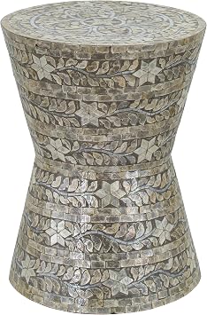 A&B Home Mother of Pearl Small Side Table, Round Coffee Table Capiz Stool, Living Room Plant Stand, Dark Grey, 14" x 14" x 19"