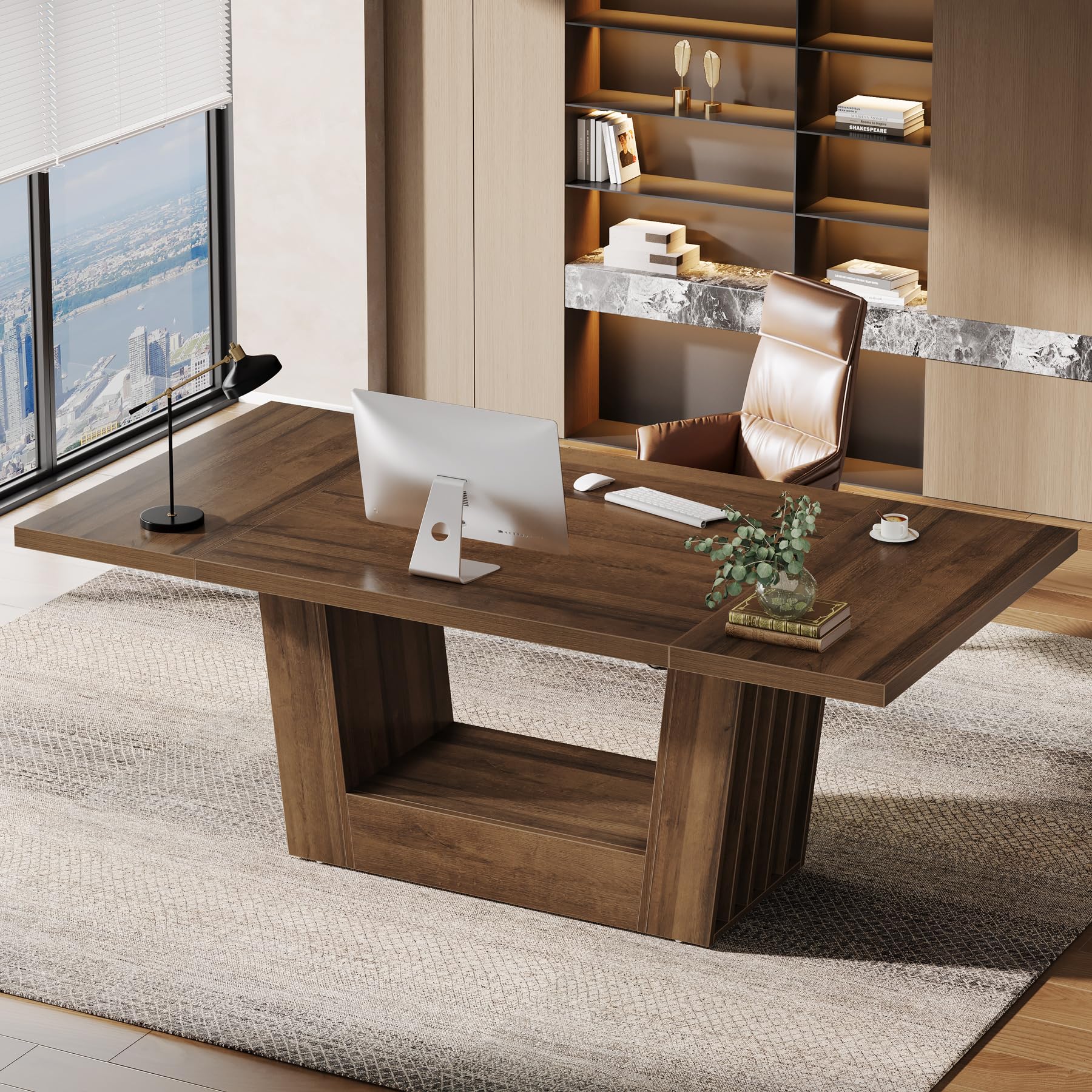 Photo 1 of **SIMILAR ITEM**  **UNKNOWN DETAILS** Tribesigns 63'' Wood Executive Office Desk, Modern Computer Home Office Desk with Robust Base, Large Wooden Conference Table Business Workstation for Home Office, Walnut Brown