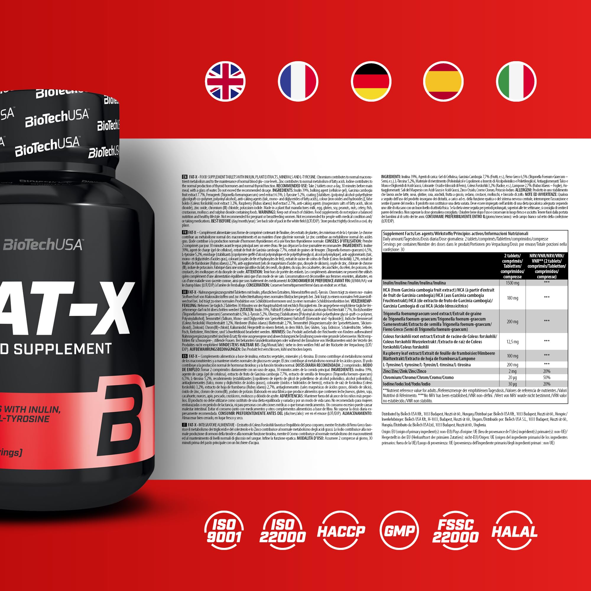 BioTechUSA Fat-X | Gewichtsmanagement-Formel mit Pflanzenextrakten | Stimulanzien-freie | mit Inulin, HCA und Mineralien | zur Unterstützung des Stoffwechsels | 60 Tabletten