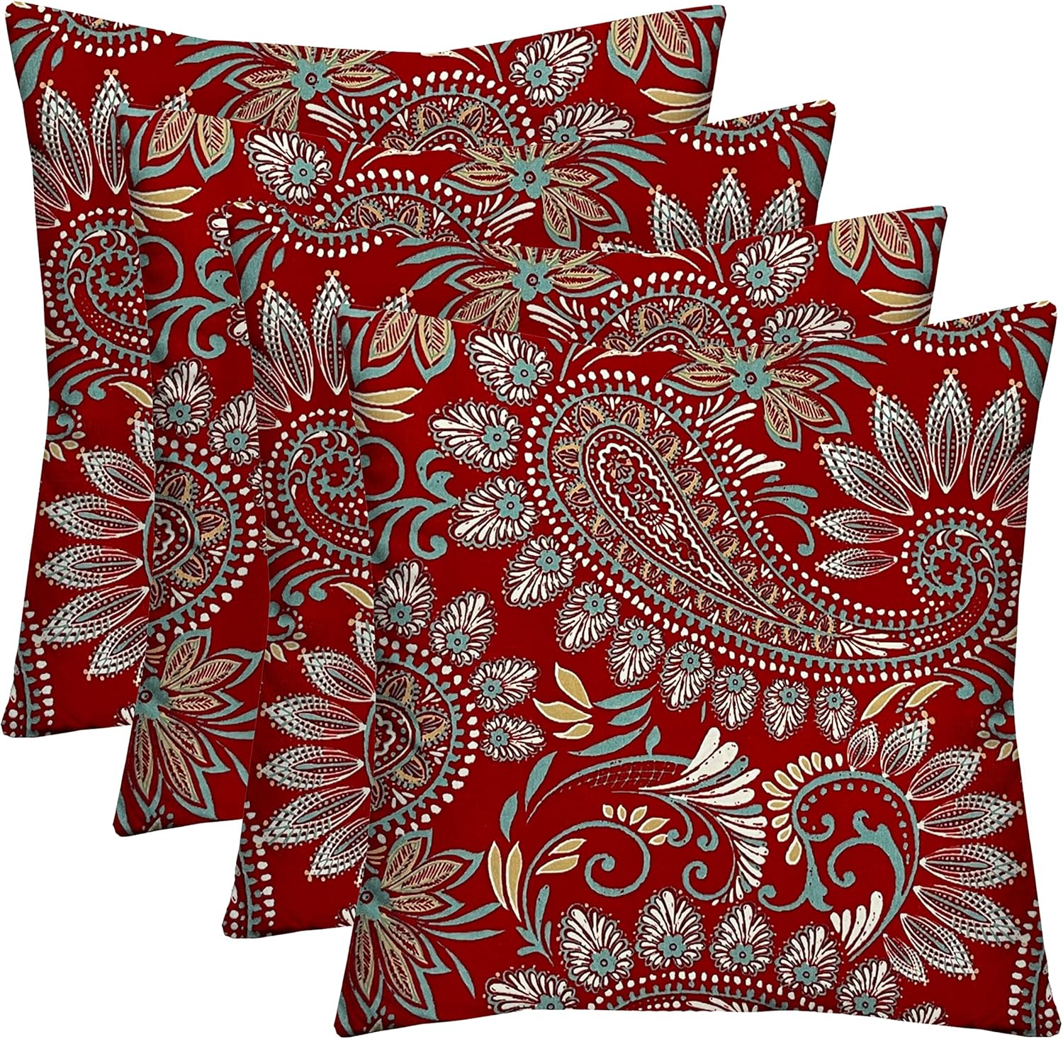 Square Throw Pillows Set of 4 | 17" x 17" | All-Weather Spun Fabric | Water and Fade-Resistant | Outdoor Accent Pillows for Patio Furniture | Eastman Berry Red Paisley